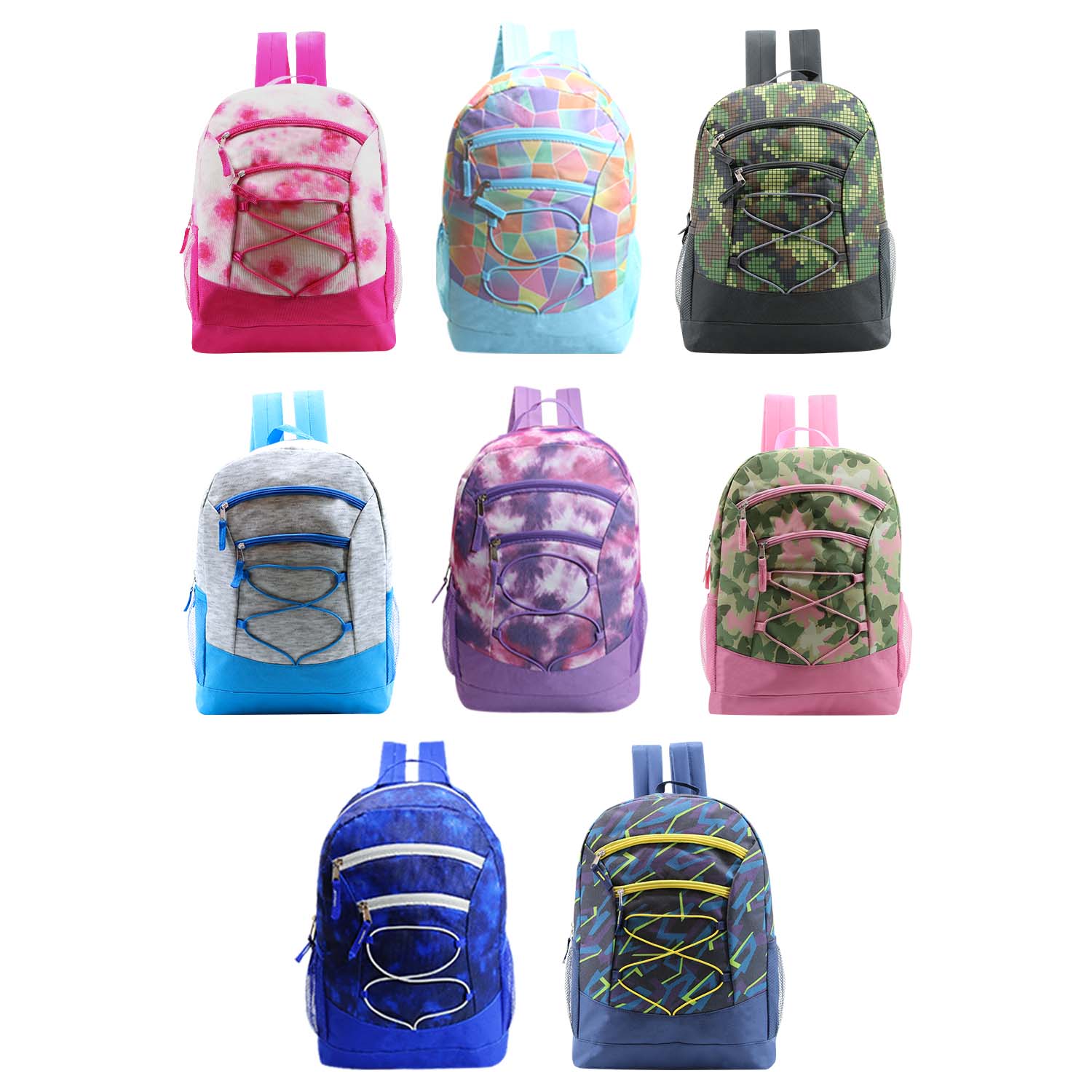 17" Bungee Wholesale Backpack In 8 Prints - Bulk Case Of 24 Bookbags