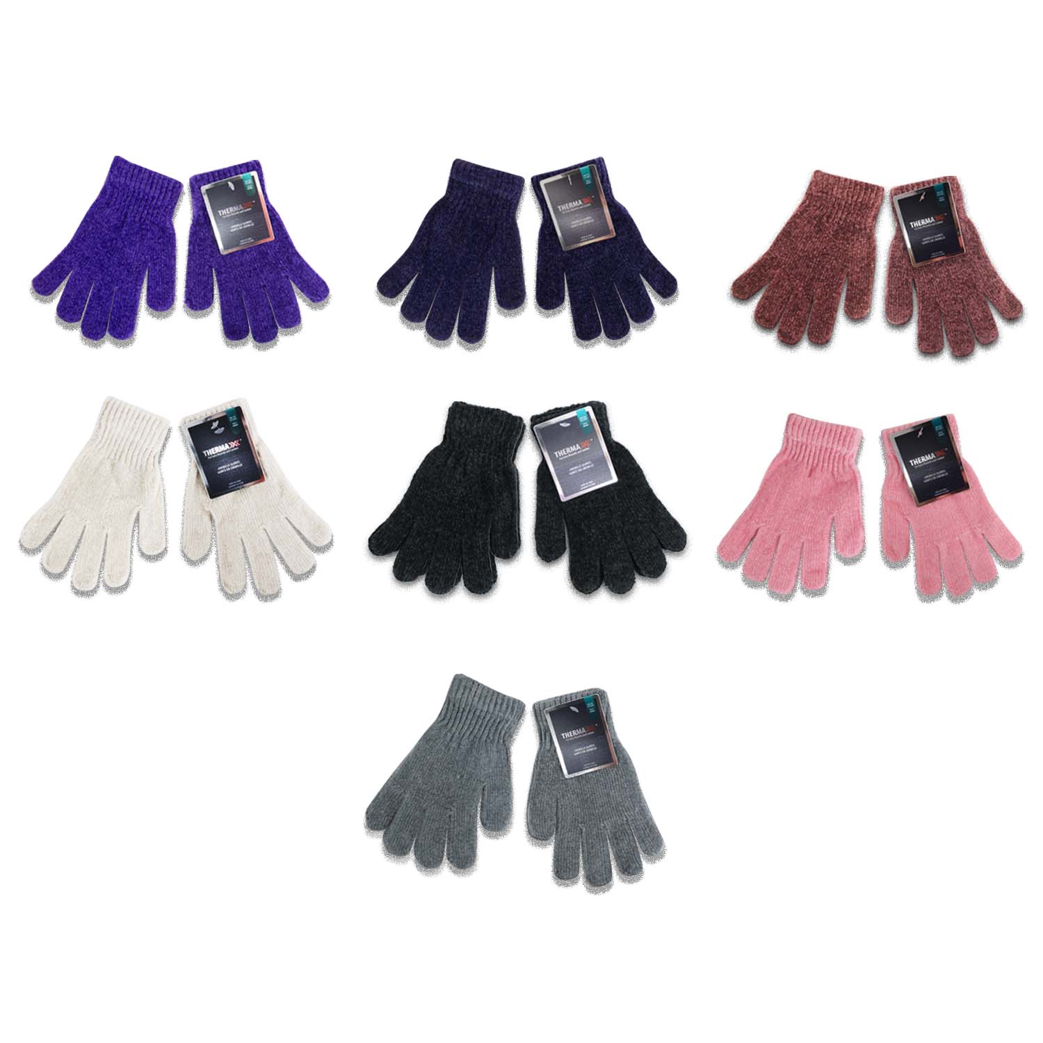 Unisex Wholesale Chenille Gloves in 7 Assorted Colors - Bulk Case of 96 Pairs