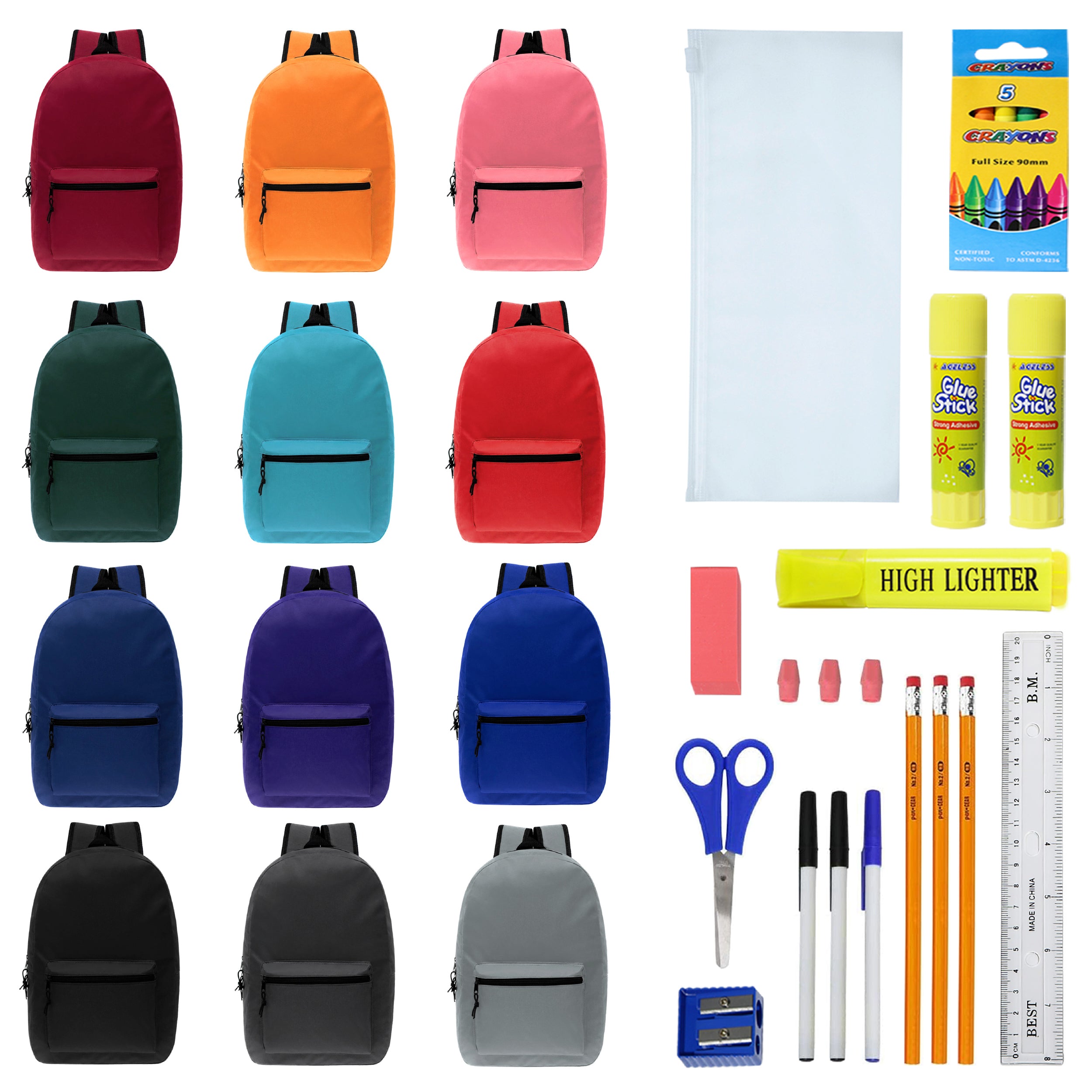 17 inches School Backpacks for Kids In Assorted Colors Bulk School Supplies Kit Case Of 12