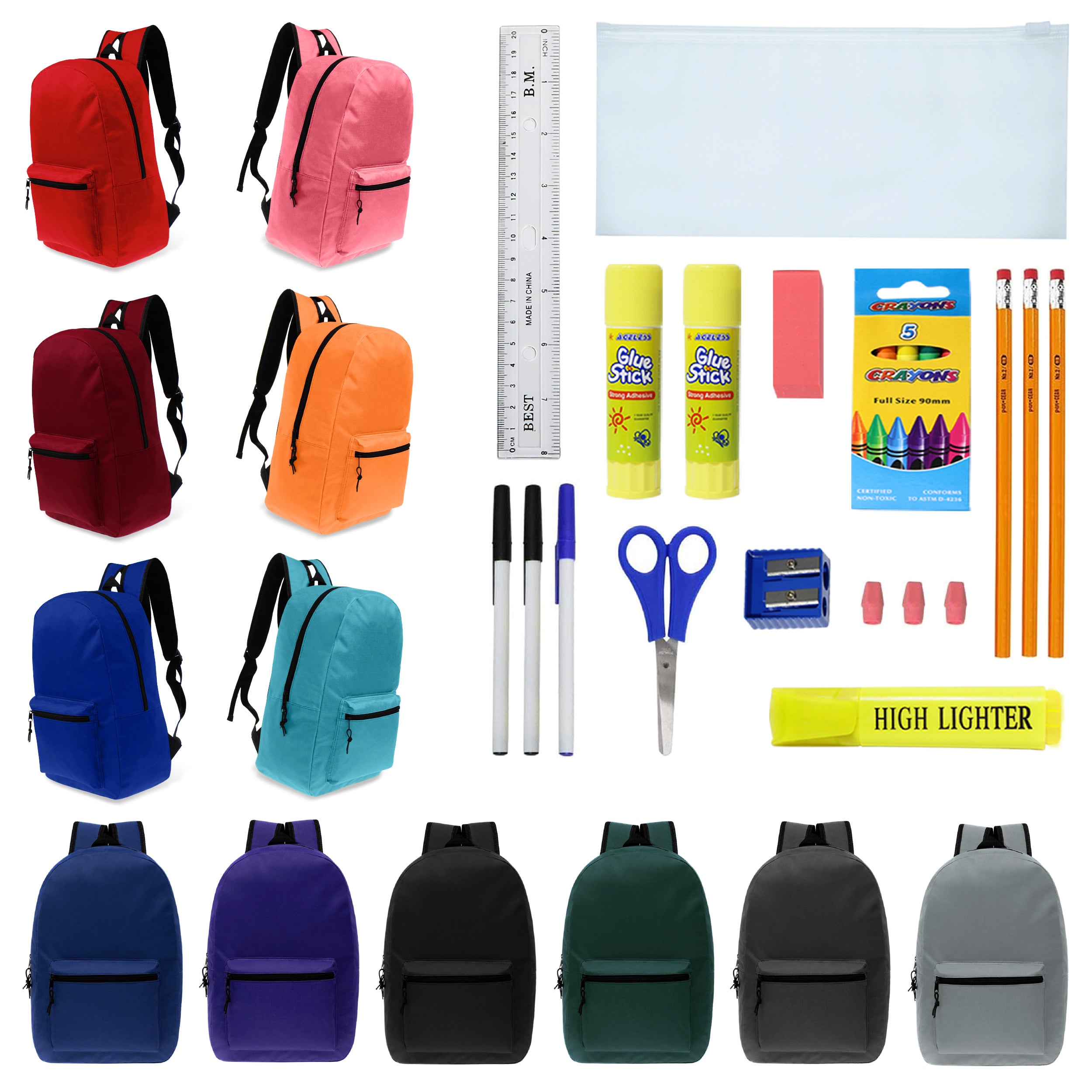 17 Inch Wholesale Backpacks in Assorted Colors with School Supply Kits Bulk - Case of 12