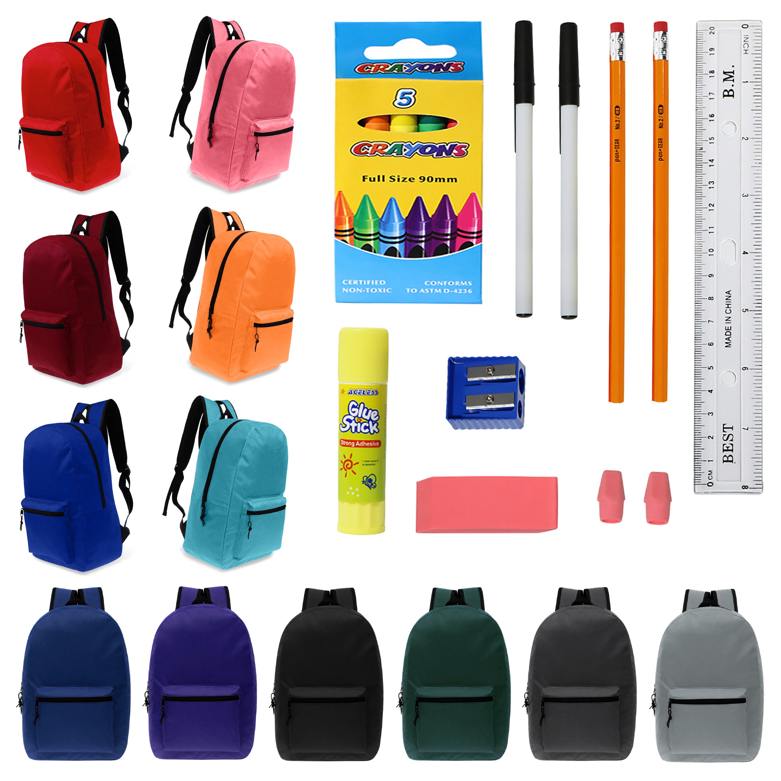 17 inches School Backpacks for Kids In Assorted Colors Bulk School Supplies Kit Case Of 12
