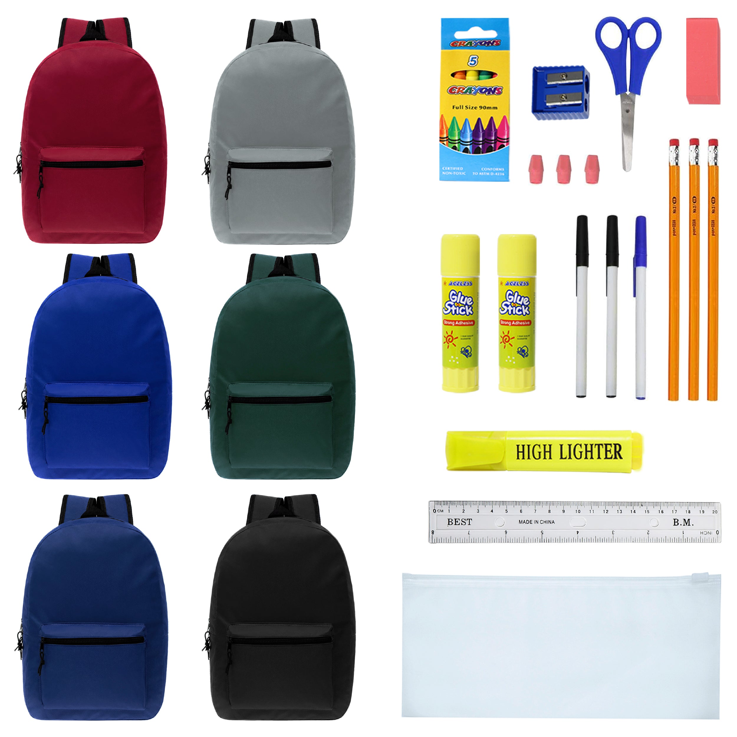 15 Inch Bulk Backpacks in Assorted Colors with School Supply Kits Wholesale - Case of 12