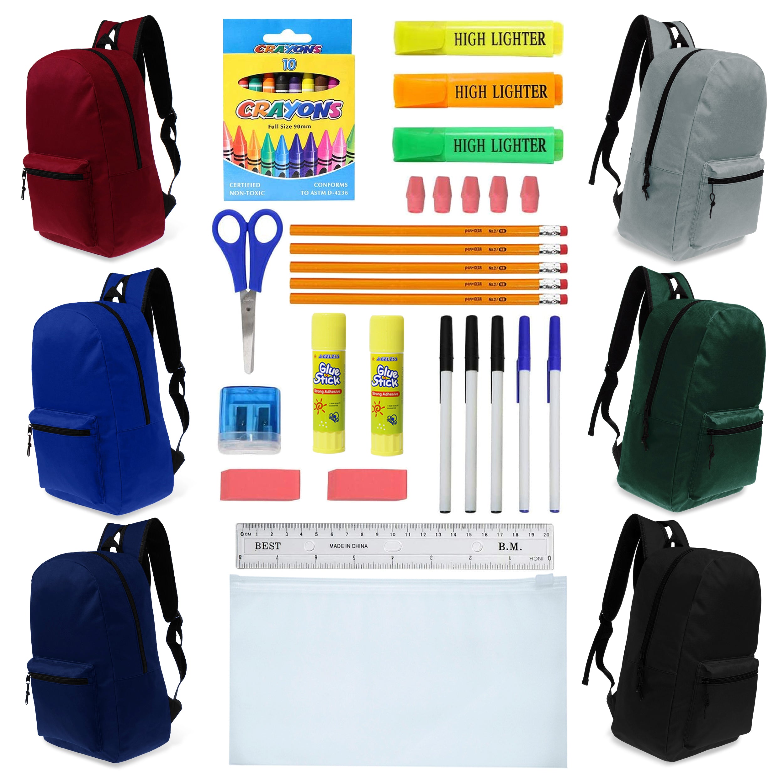 19 Inch Bulk Backpacks in Assorted Colors with School Supply Kits Wholesale - Kit of 12