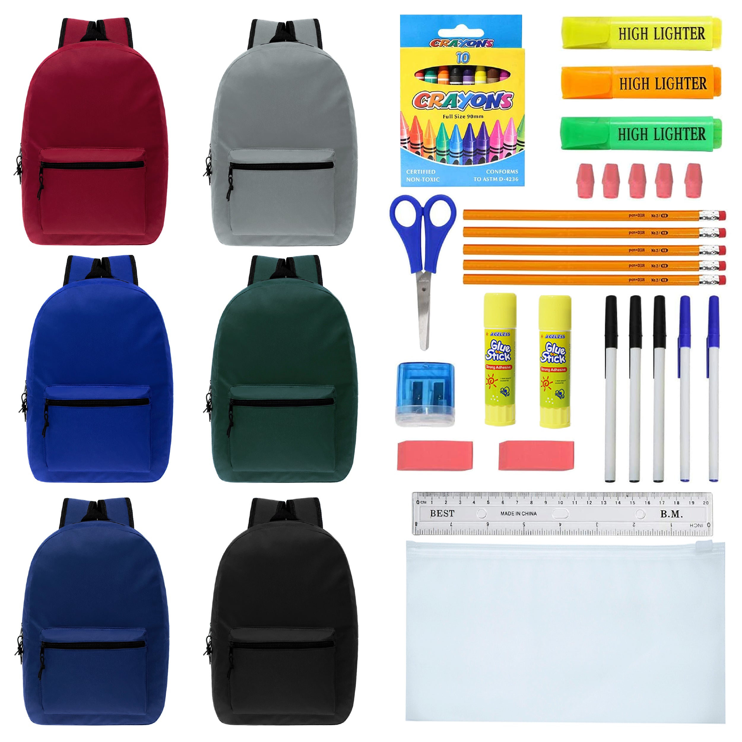 12 Pack Assorted Colors + School Backpacks for Kids Bulk School Supplies Kit Case Of 12