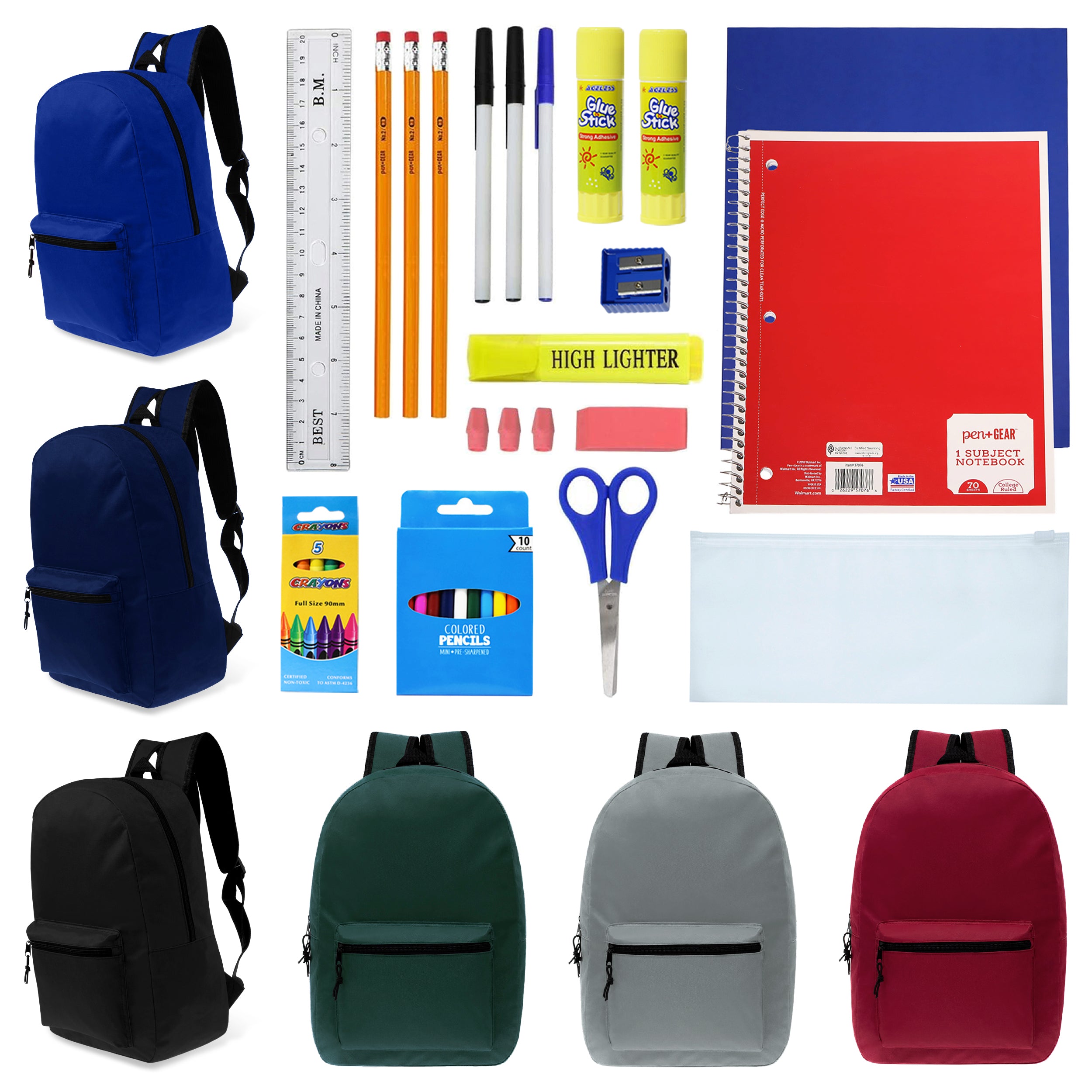 19 Inch Bulk Backpacks in Assorted Colors with School Supply Kits Wholesale - Kit of 12