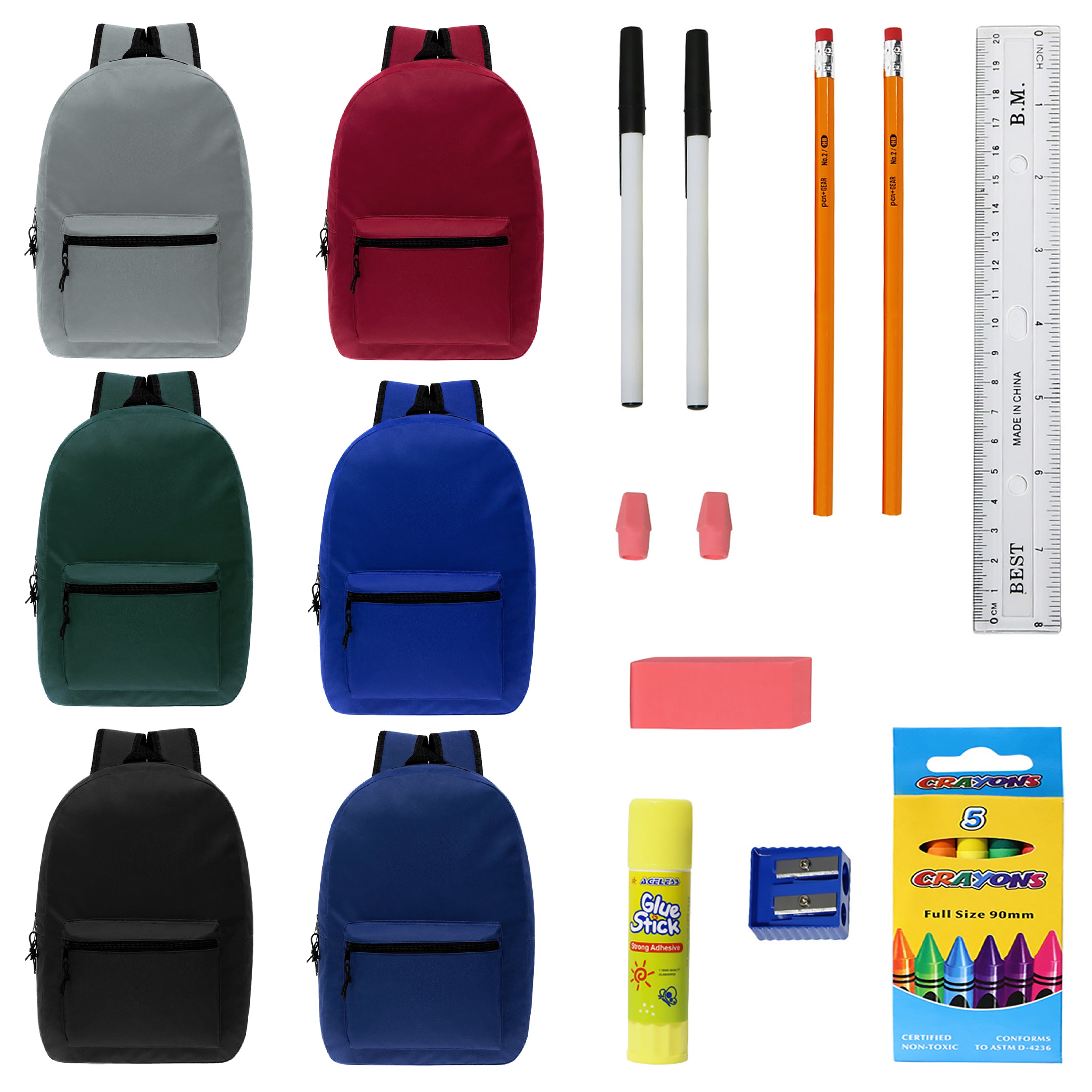 15 Inch Bulk Backpacks in Assorted Colors with School Supply Kits Wholesale - Case of 12