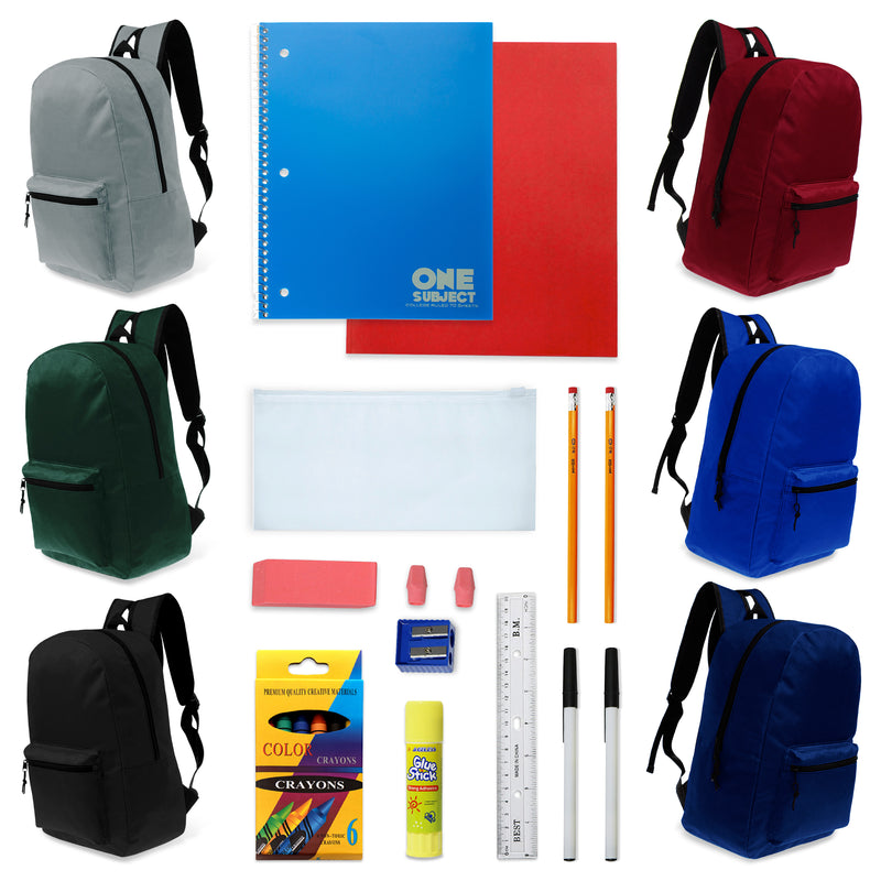 18 Piece Wholesale Basic School Supply Kit With 17" Backpack - Bulk Case of 12 Backpacks and Kits