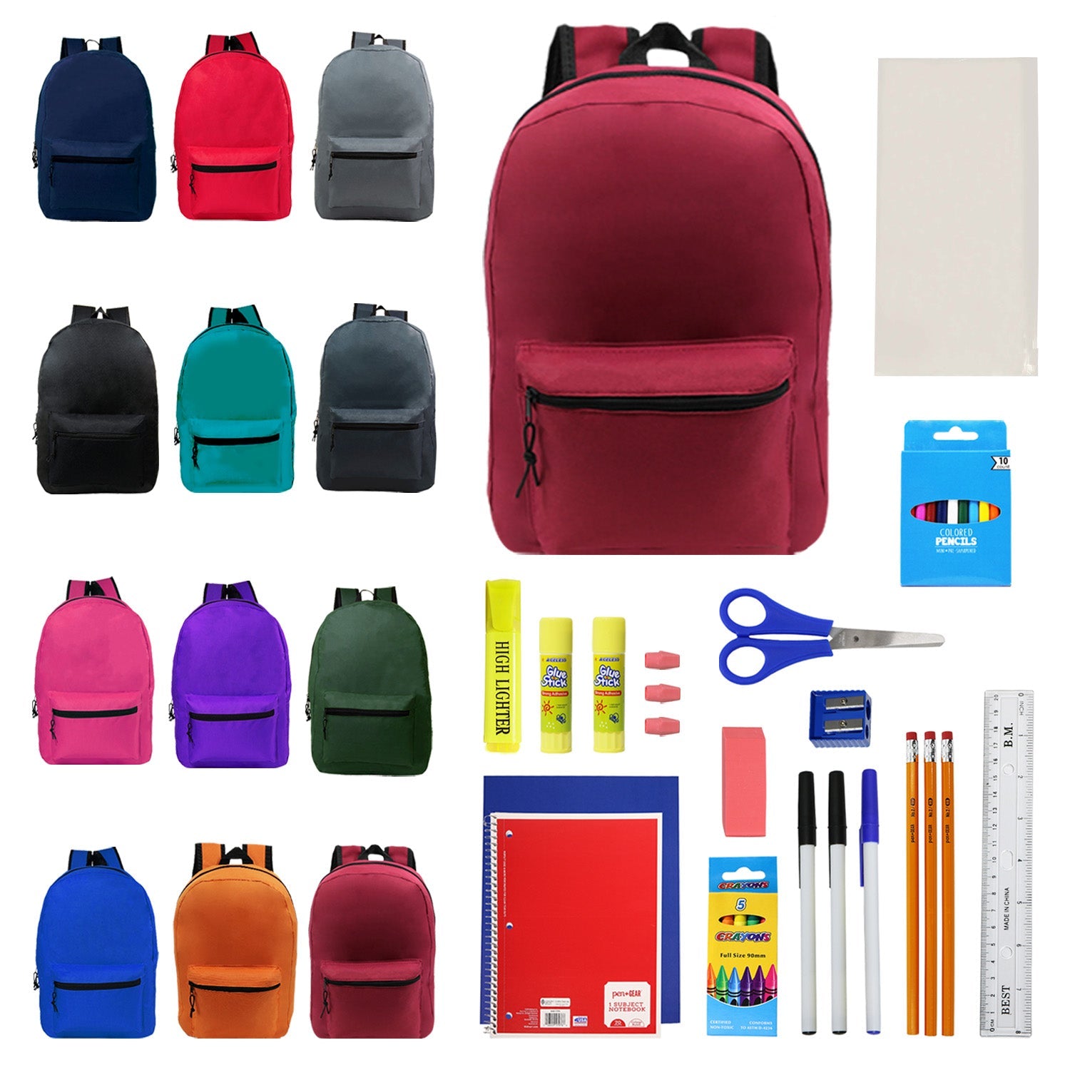 17 Inch Bulk Backpacks in Assorted Colors with School Supply Kits Wholesale - Case of 24 (12 Color Assortment)