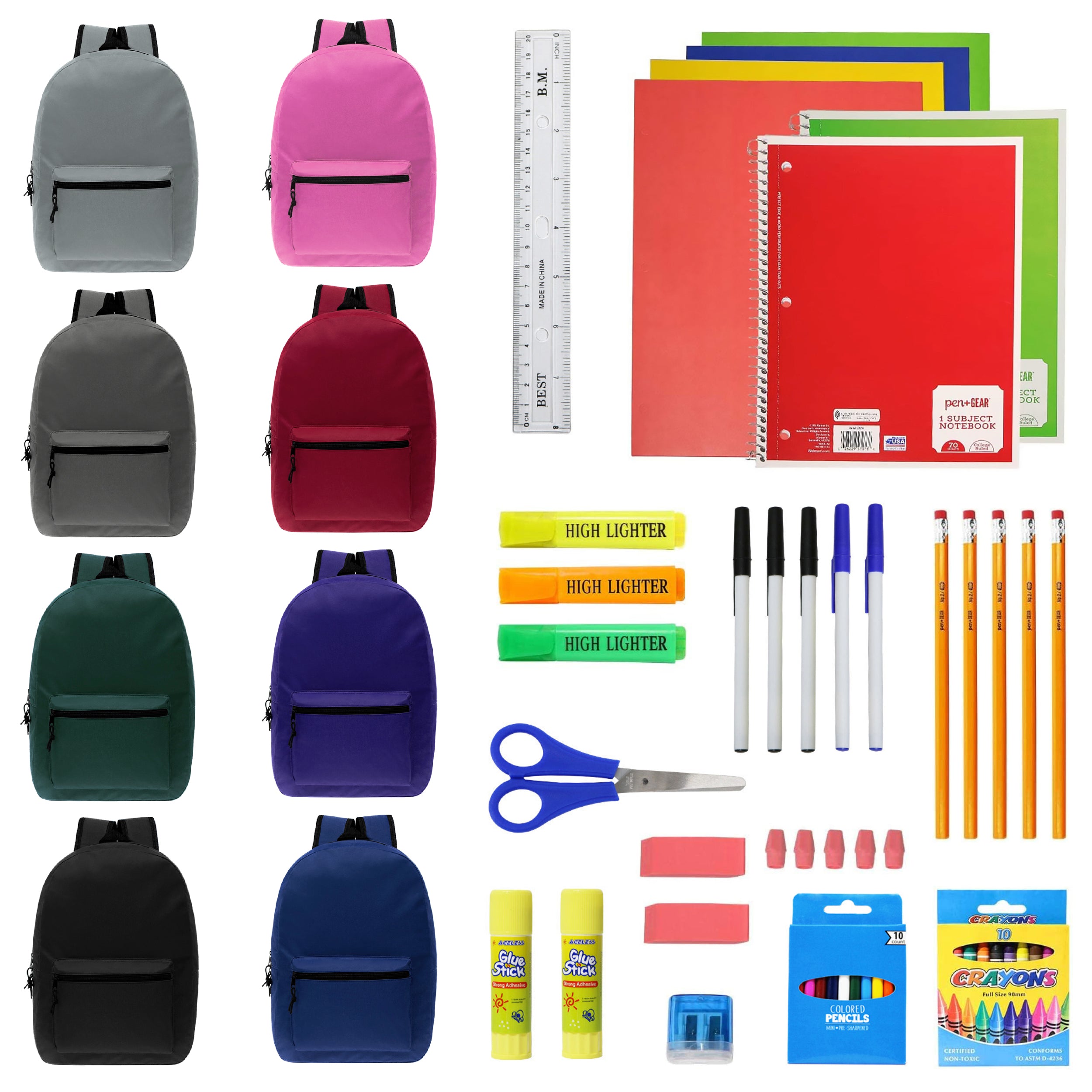 15 Inch Wholesale Backpacks in Assorted Colors with School Supply Kits Bulk - Kit of 12