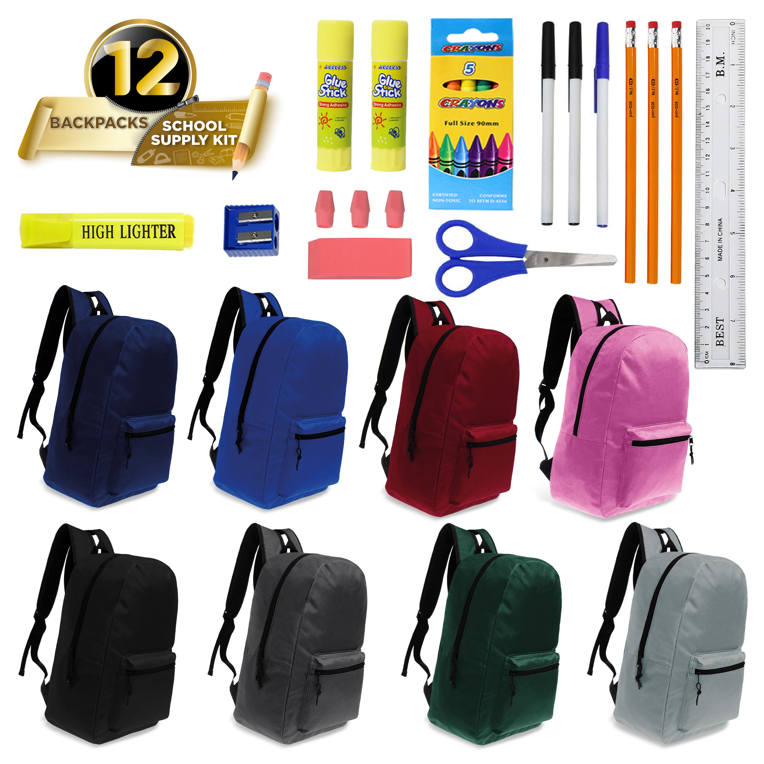 15 inches School Backpacks for Kids In Assorted Colors Bulk School Supplies Kit Case Of 12
