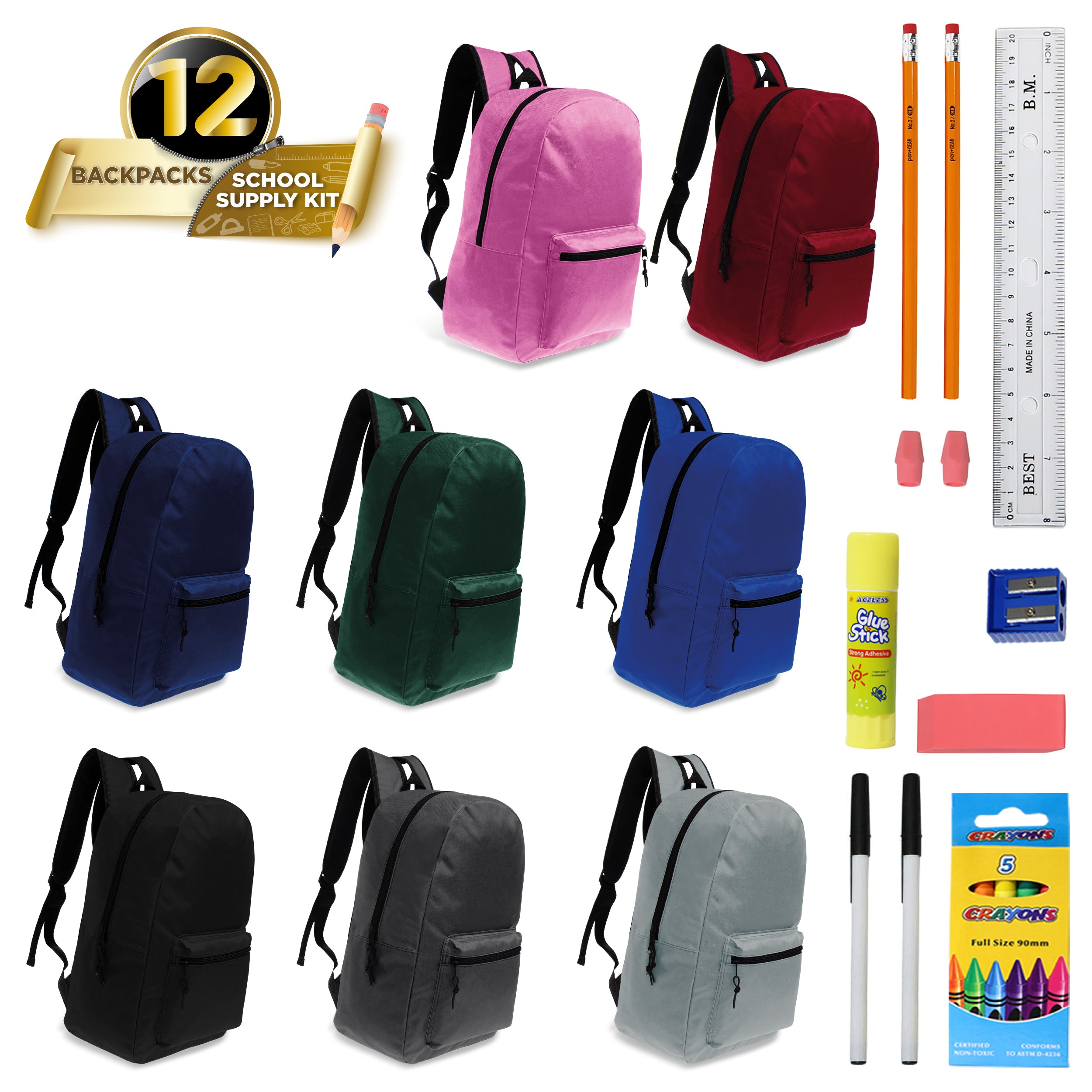15 Inch Wholesale Backpacks in Assorted Colors with School Supply Kits Bulk - Kit of 12