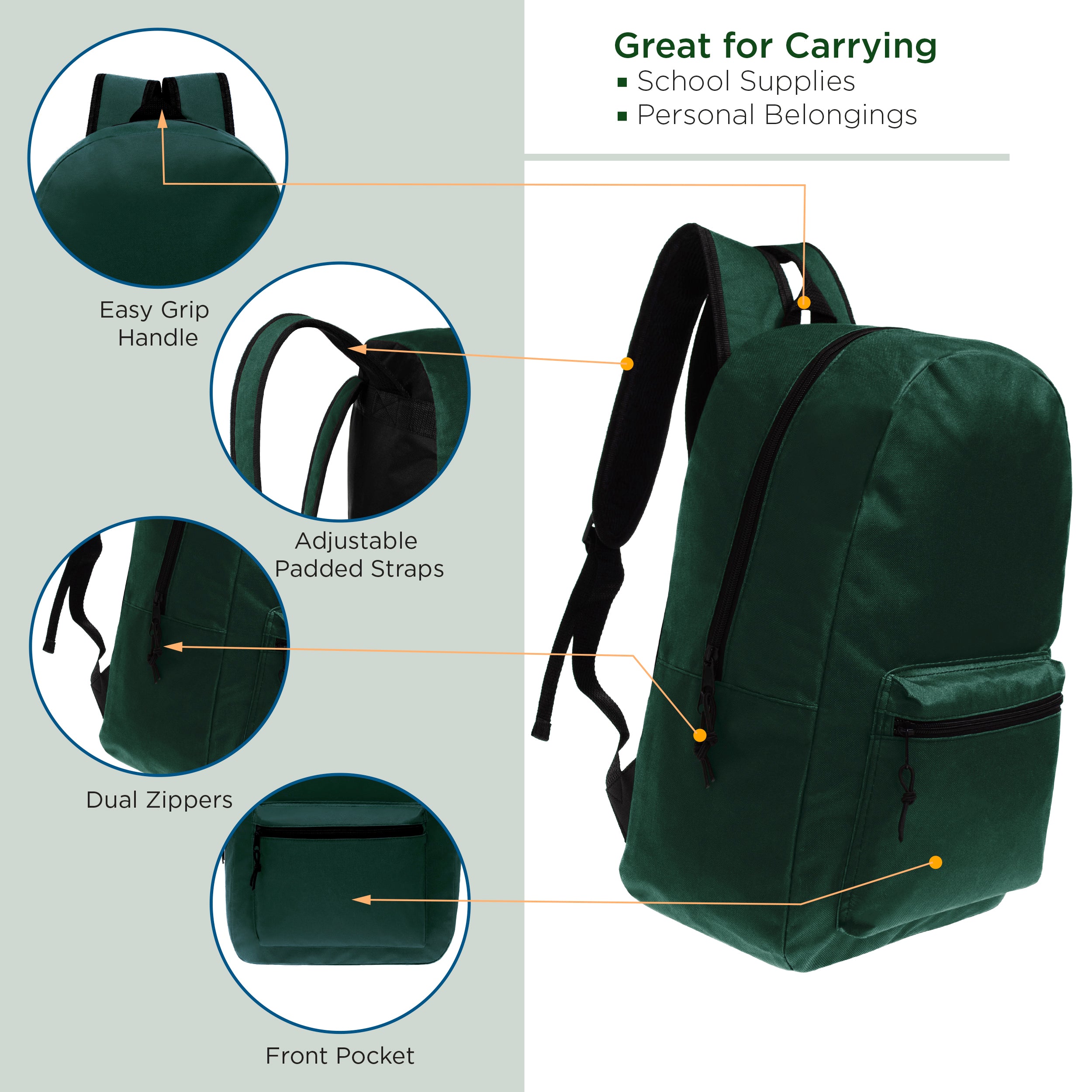 17 Kids Basic Wholesale Backpack in Dark Green- Bulk Case of 24 Backp