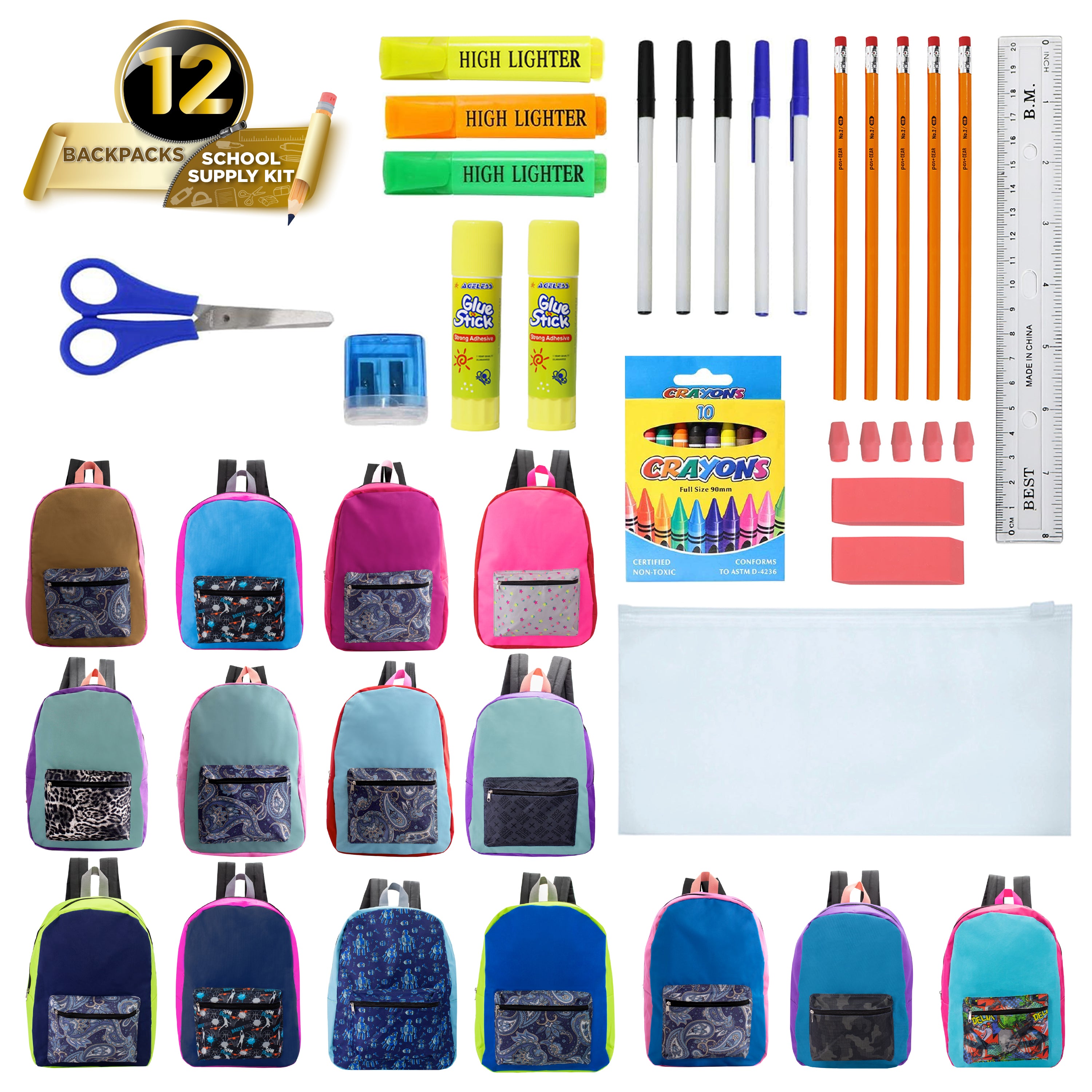 17 inches School Backpacks for Kids In Assorted Prints Bulk School Supplies Kit Case Of 12