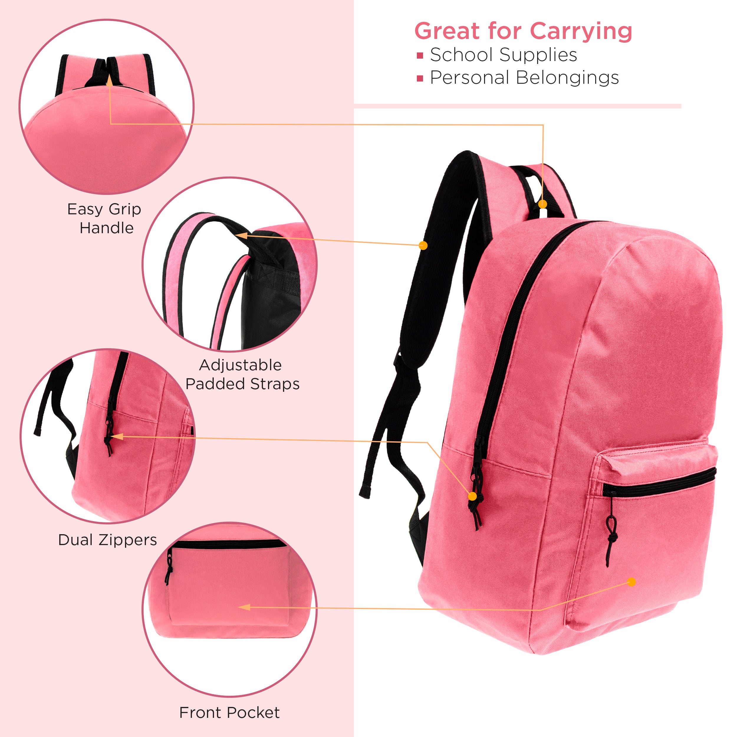 17" Kids Basic Wholesale Backpack in Pink - Bulk Case of 24 Backpacks