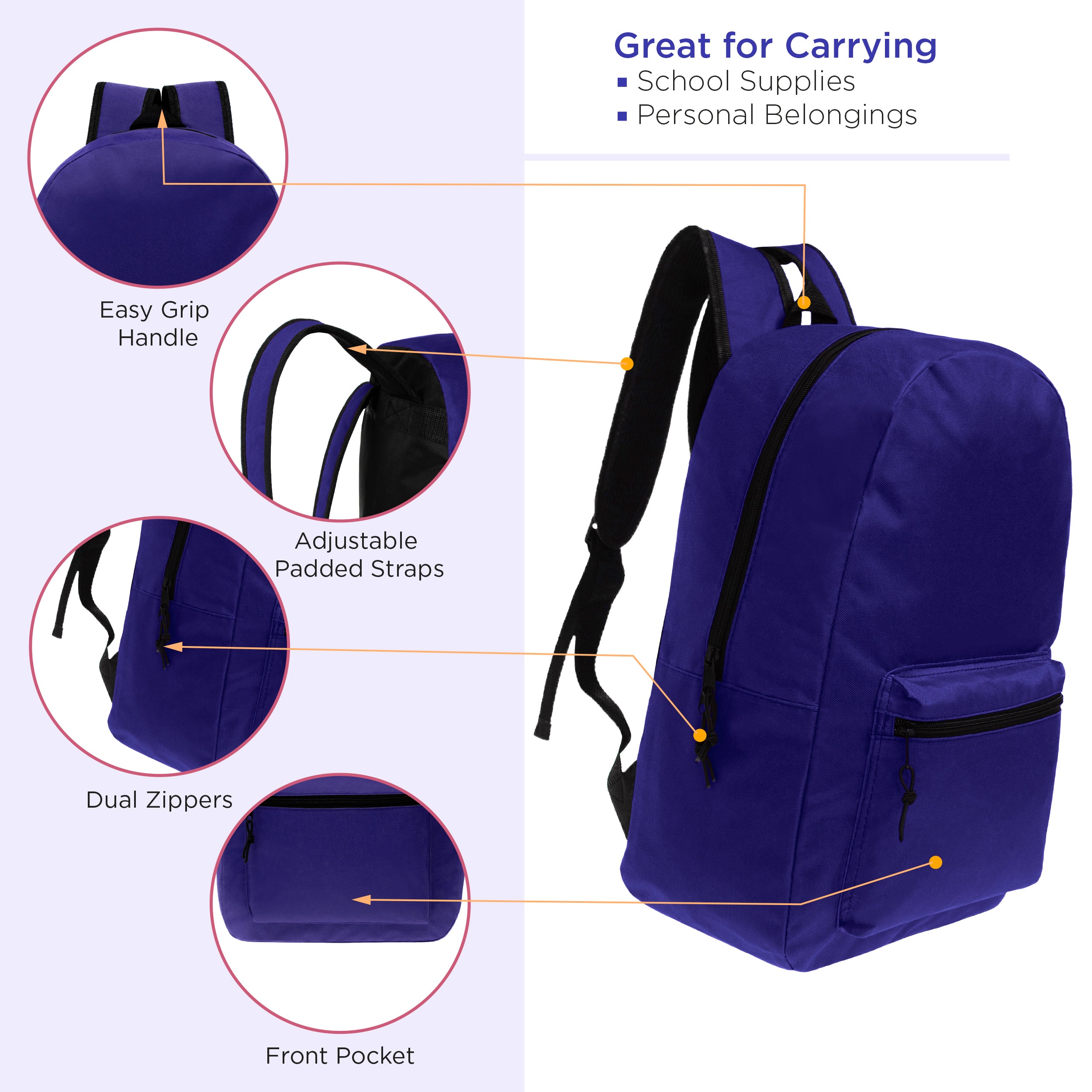 17" Kids Basic Wholesale Backpack in Purple - Bulk Case of 24 Backpacks