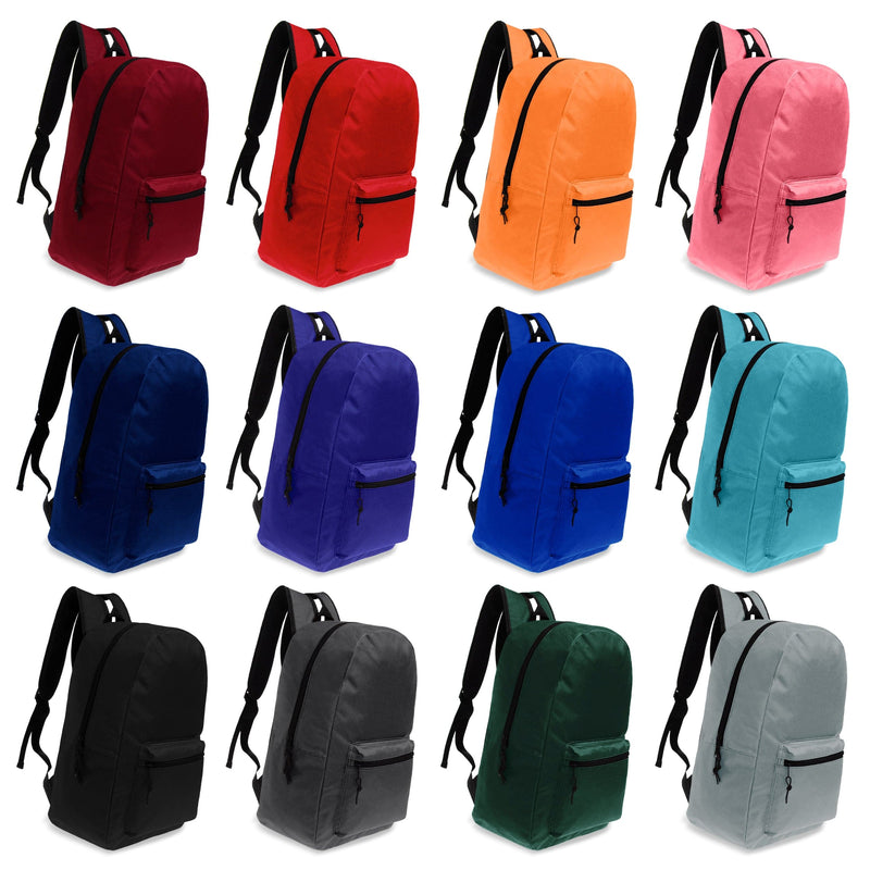 17 Inch Bulk Backpacks in Assorted Colors with 22 Piece School Supply Kits Wholesale - Case of 24 (12 Color Assortment)