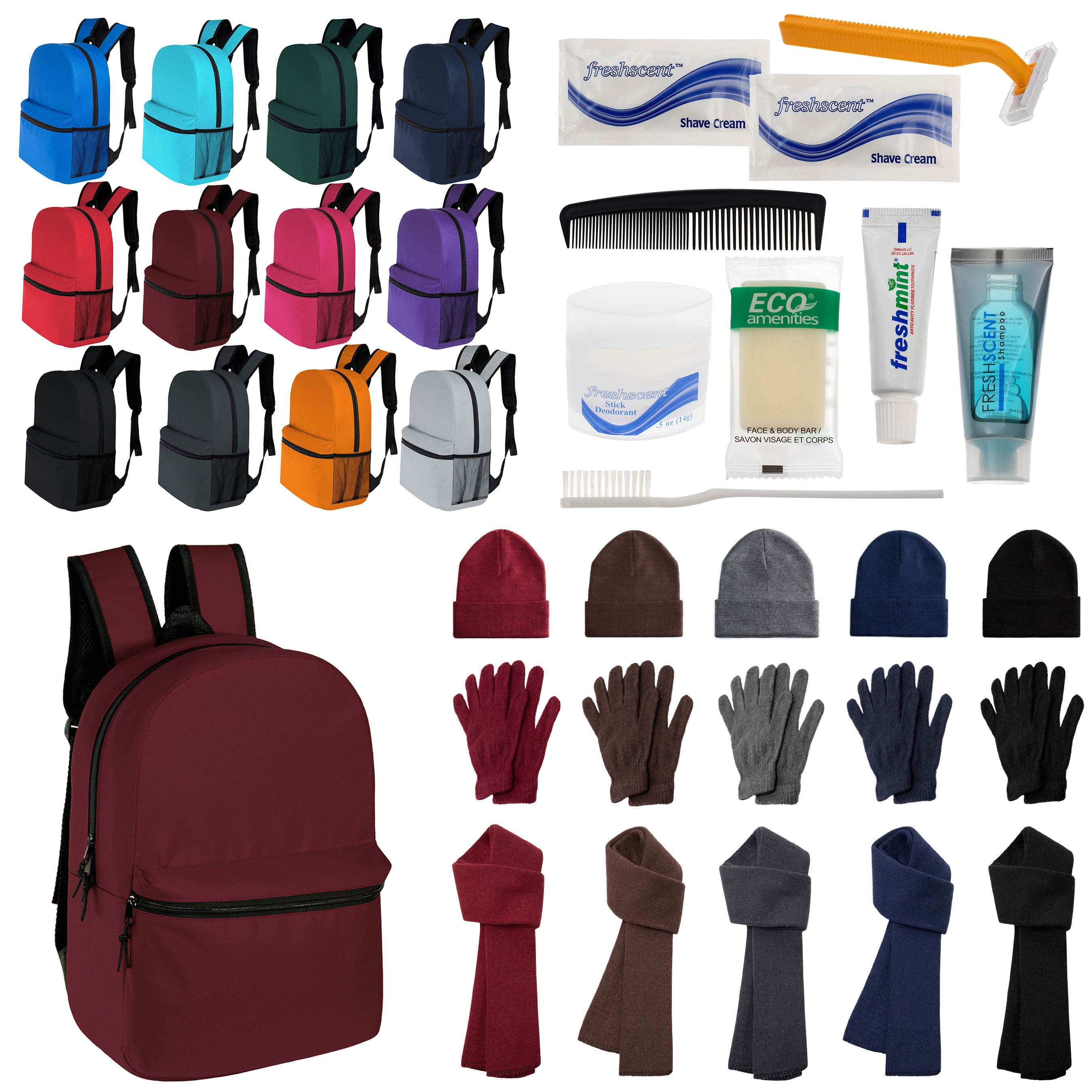 12 Classic 17" Backpacks in 12 Colors, 12 Winter Item Sets & Your Choice of 12 Bulk Hygiene Kits - Wholesale Homeless Care Package
