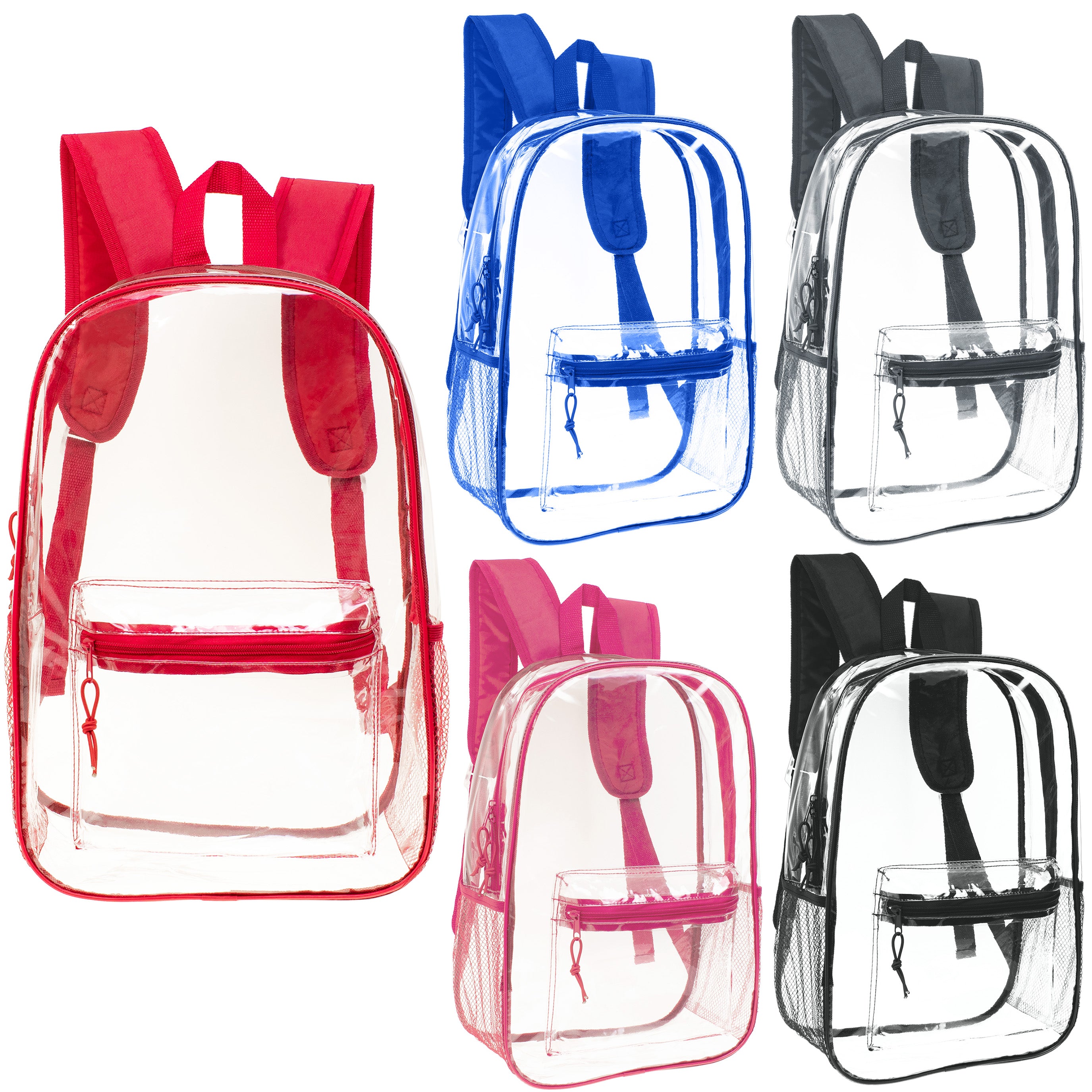 17" Clear Wholesale Backpack | 6 Colors | 2 Side Pockets - Bulk Case of 24 Bookbags