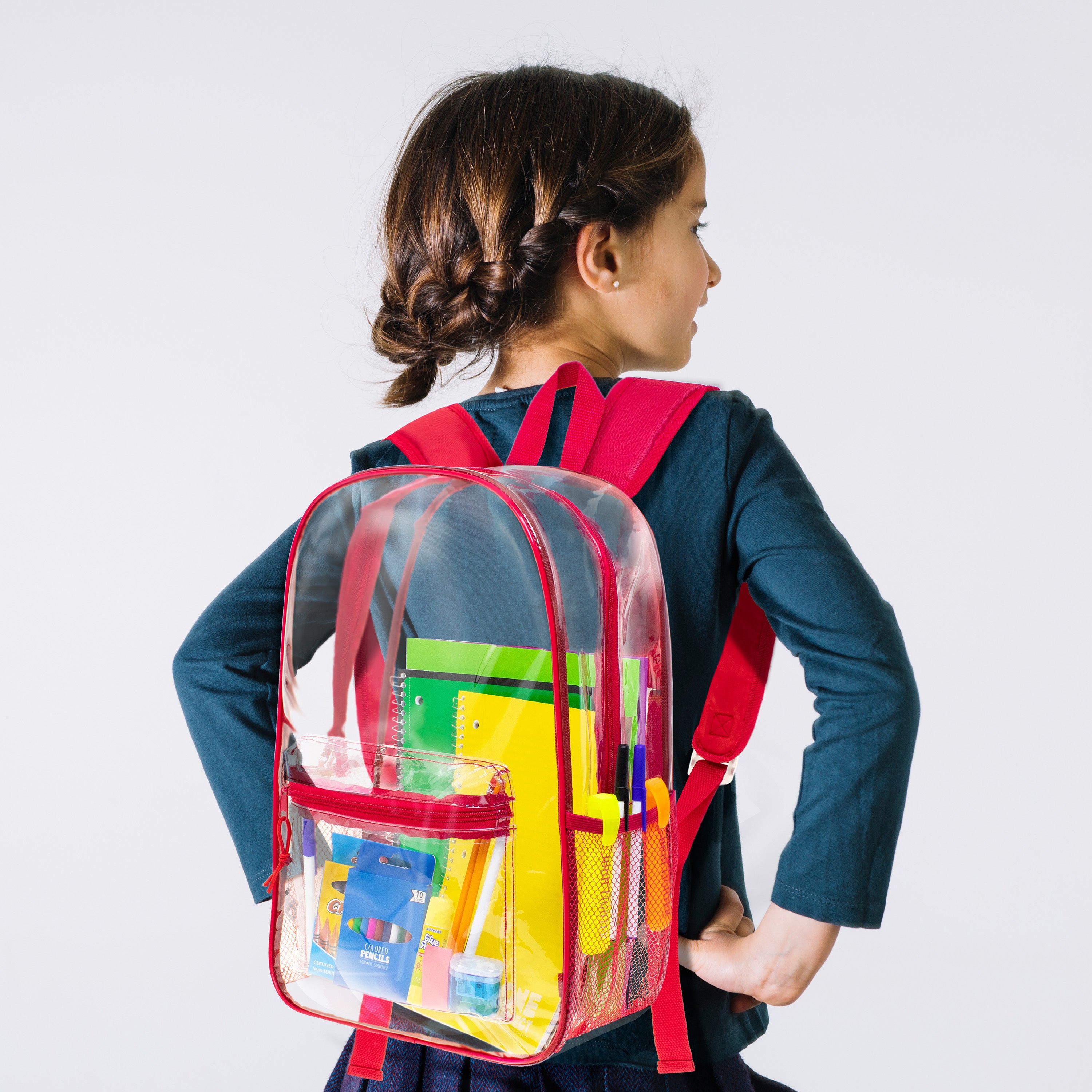 Backpack with transparent pocket outlet