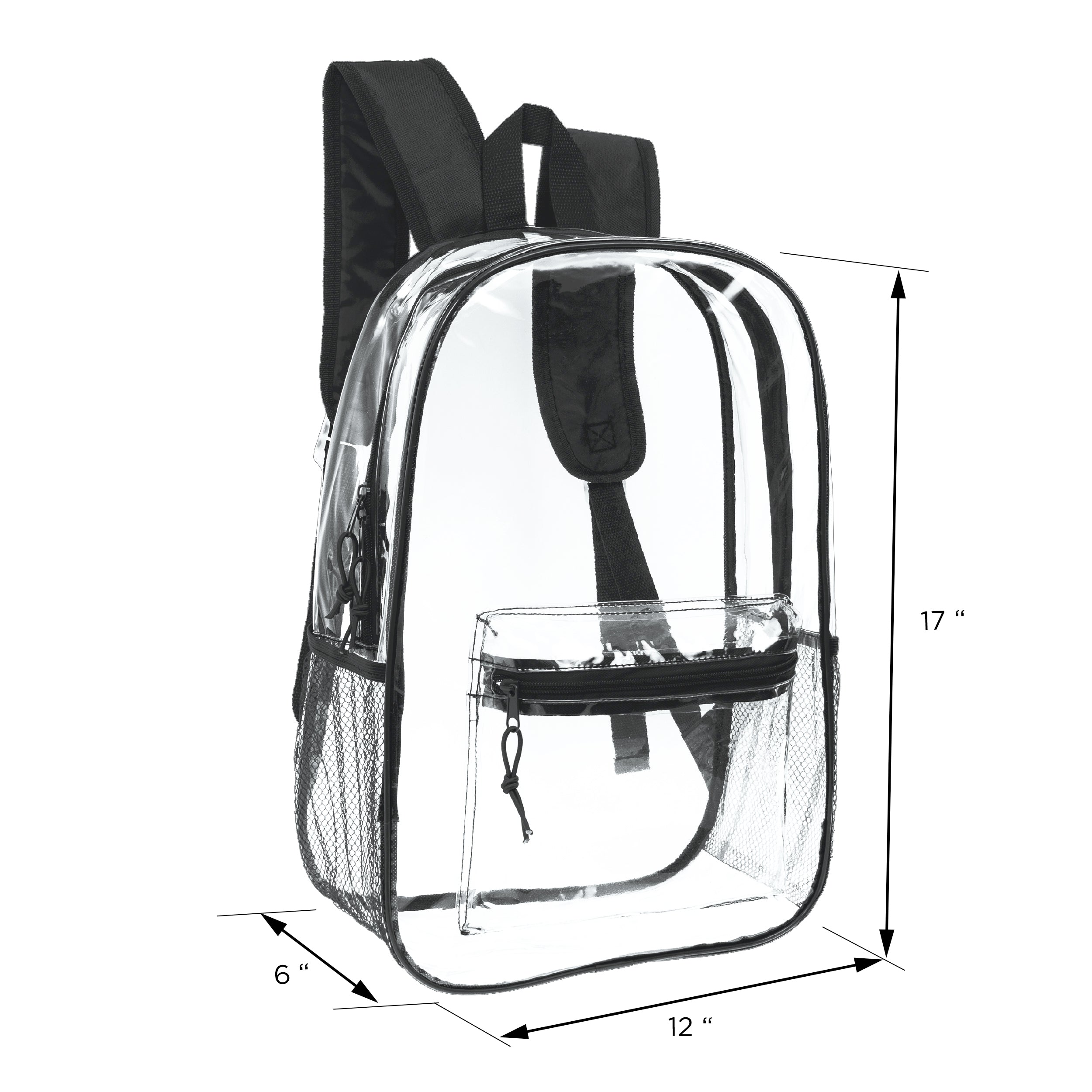 17" Transparent Wholesale Backpack in Black With Side Pocket - Bulk Case of 24