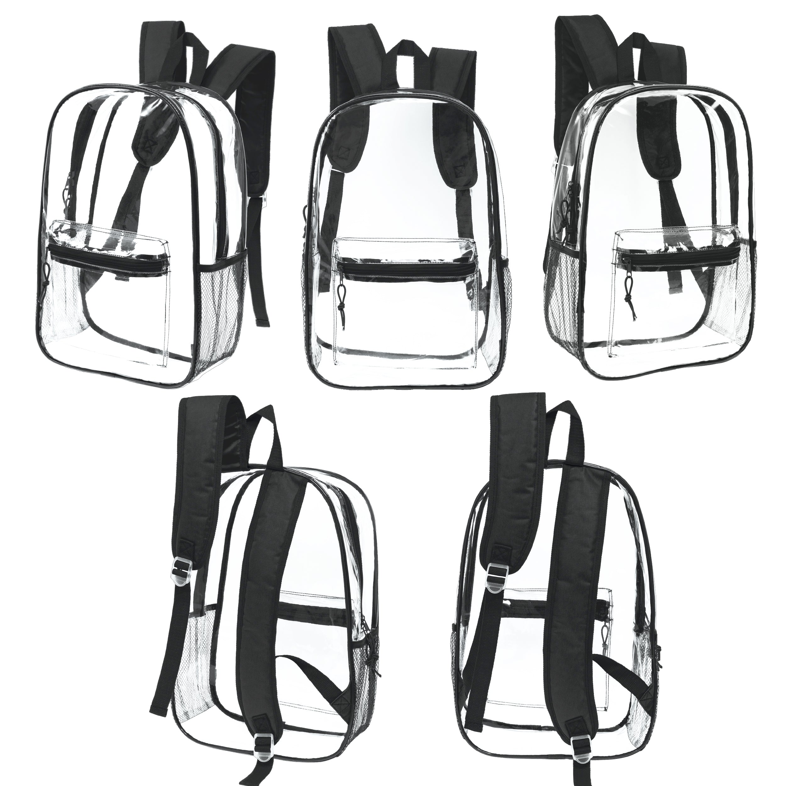 17" Transparent Wholesale Backpack in Black With Side Pocket - Bulk Case of 24