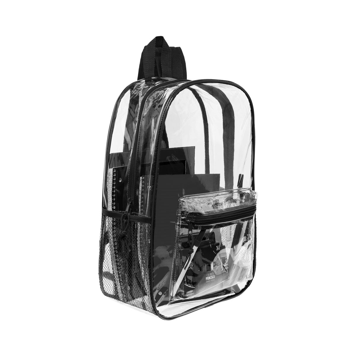 17 Inch Bulk Clear Backpacks in Black with School Supply Kits Wholesale - Case of 12