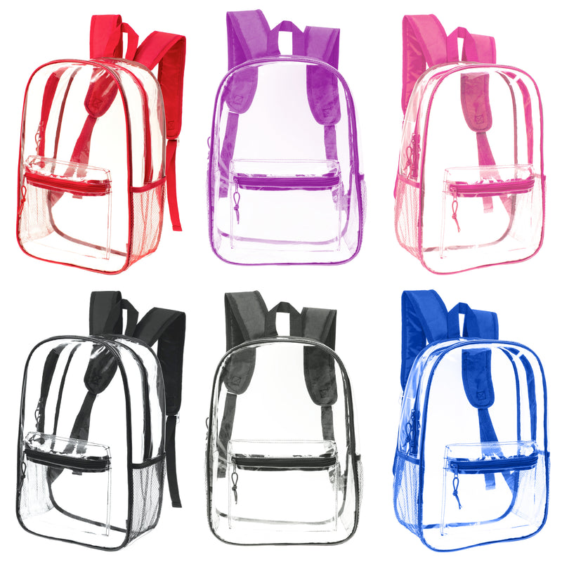 17" Transparent Wholesale Backpack in Assorted Colors With Side Pocket - Bulk Case of 24