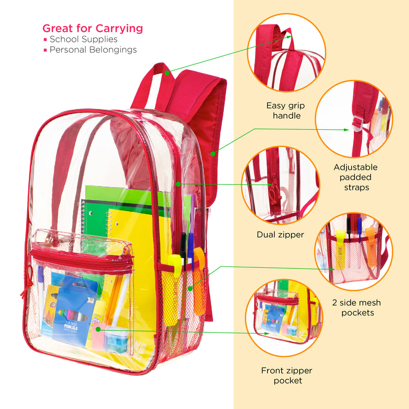 17" Transparent Wholesale Backpack in Assorted Colors With Side Pocket - Bulk Case of 24