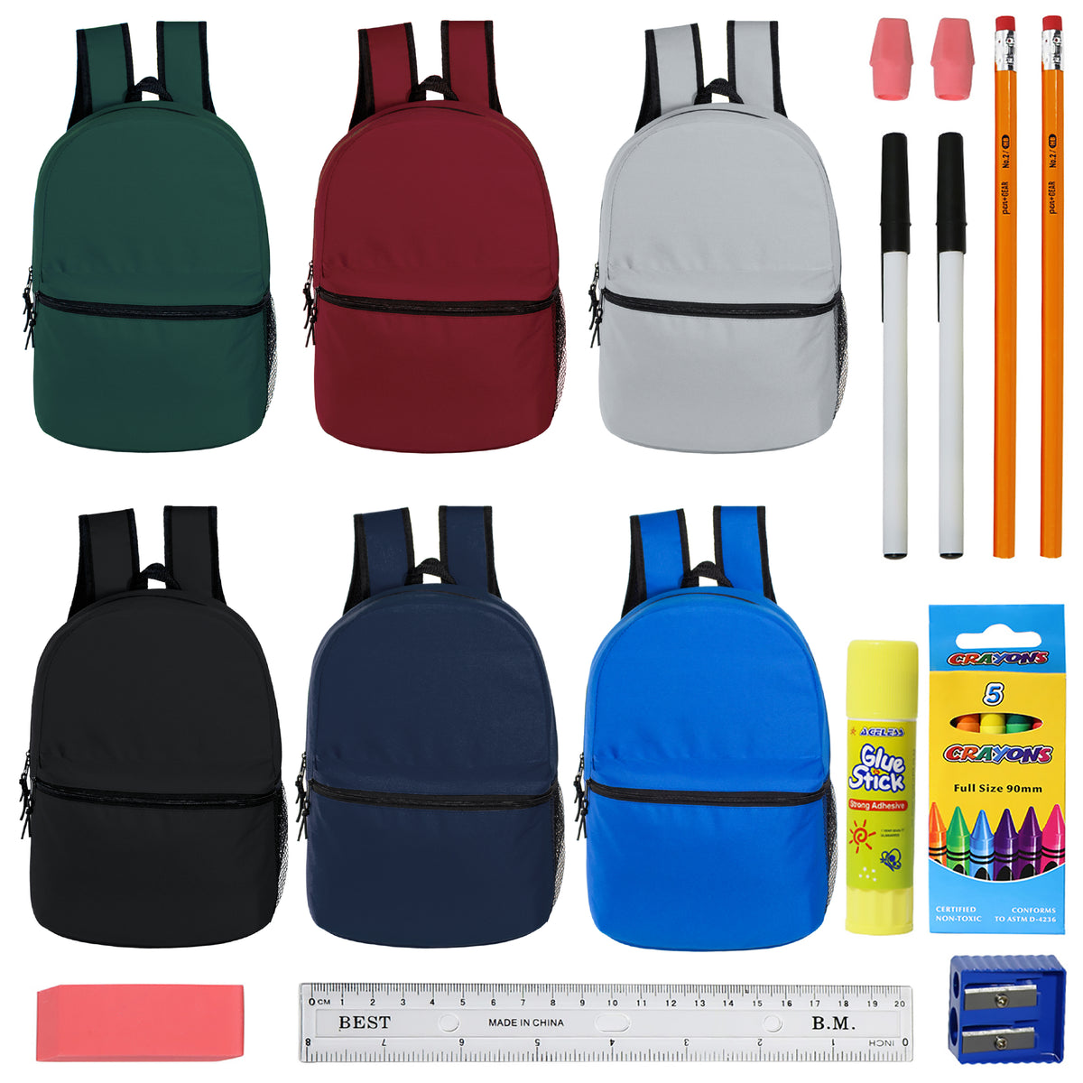 12 Wholesale 15" Backpacks in 6 Assorted Colors and 12 Bulk School Supply Kits of Your Choice