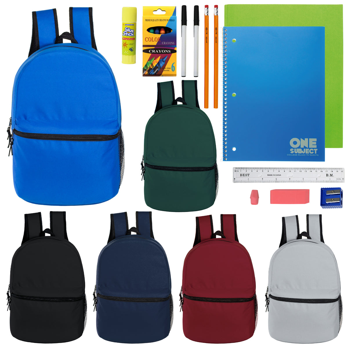 12 Wholesale 15" Backpacks in 6 Assorted Colors and 12 Bulk School Supply Kits of Your Choice
