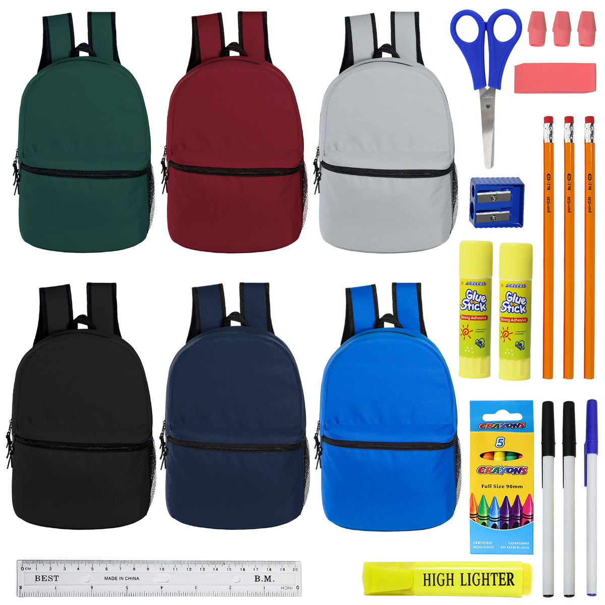 12 Wholesale 15" Backpacks in 6 Assorted Colors and 12 Bulk School Supply Kits of Your Choice