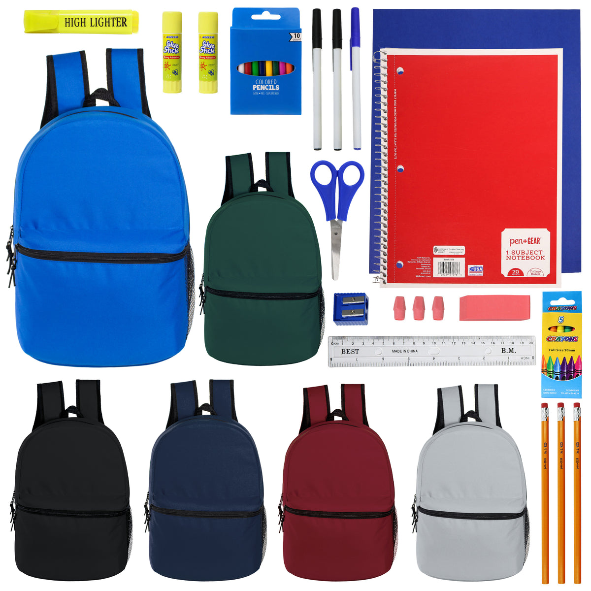 12 Wholesale 15" Backpacks in 6 Assorted Colors and 12 Bulk School Supply Kits of Your Choice