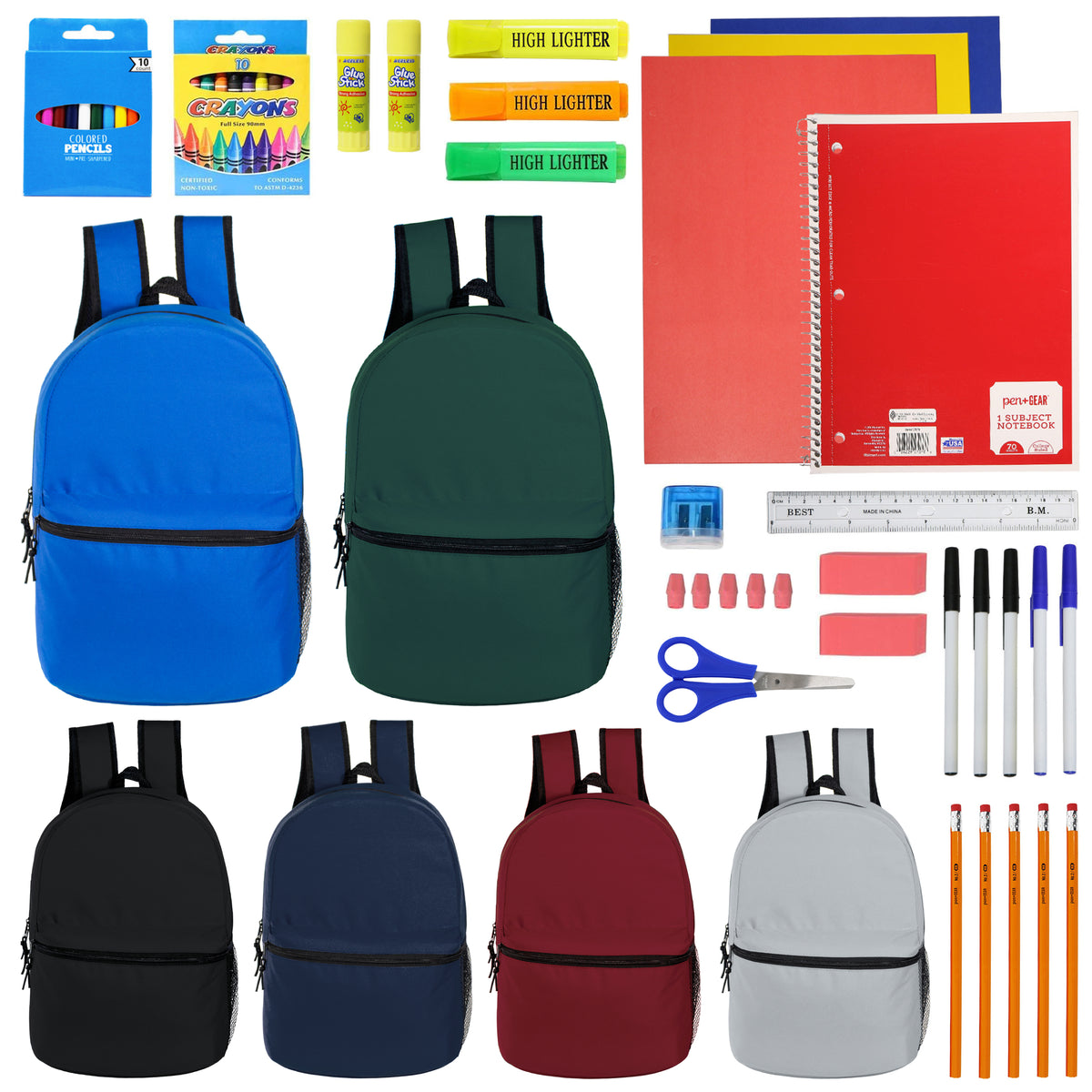 12 Wholesale 15" Backpacks in 6 Assorted Colors and 12 Bulk School Supply Kits of Your Choice