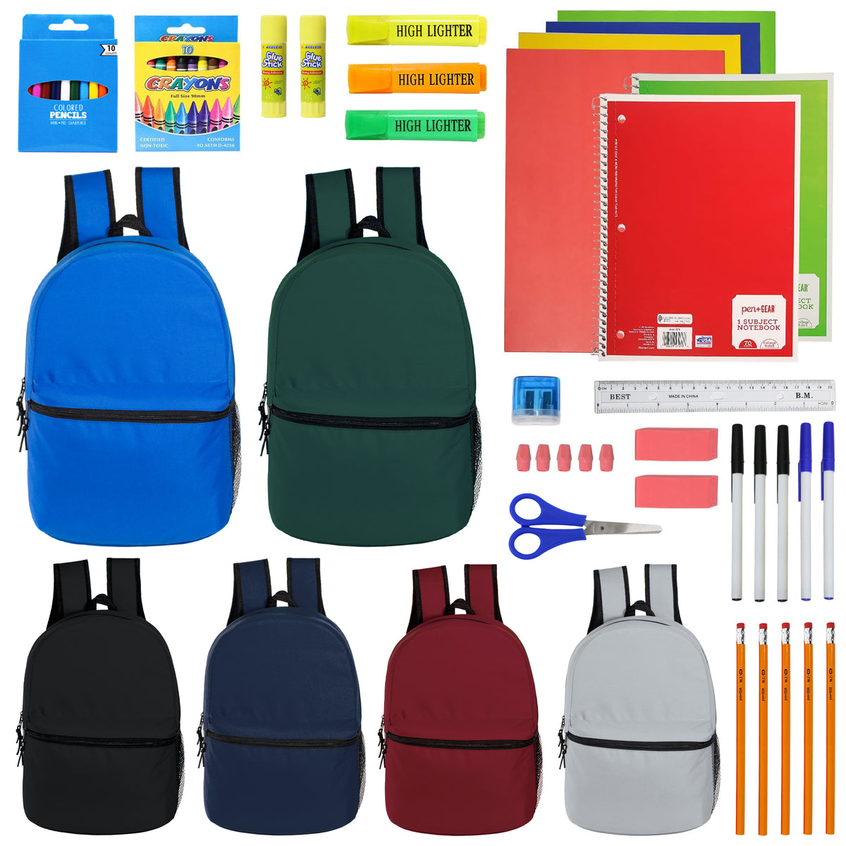 12 Wholesale 15" Backpacks in 6 Assorted Colors and 12 Bulk School Supply Kits of Your Choice