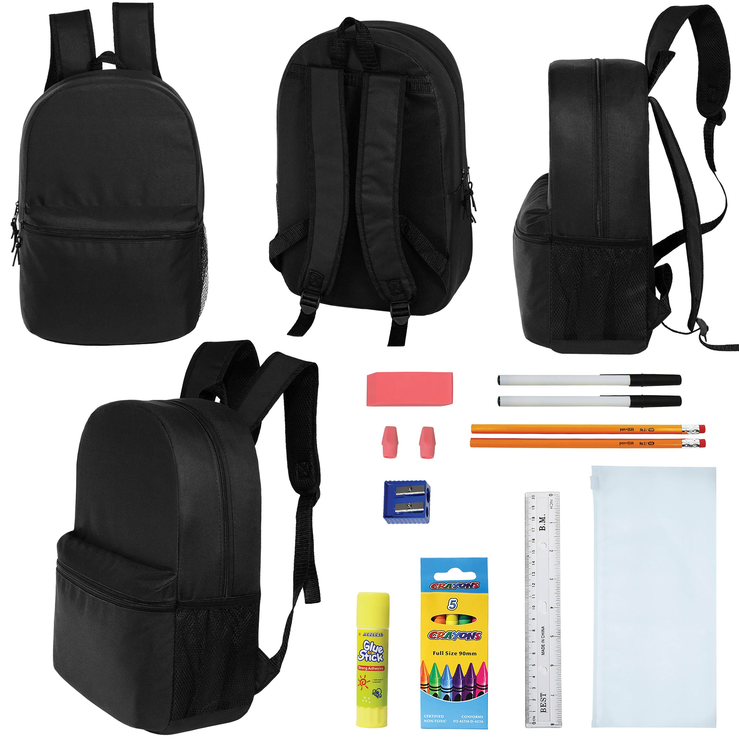 12 Wholesale Blank 18.5" Backpacks in Black & 12 Bulk School Supply Kits of Your Choice