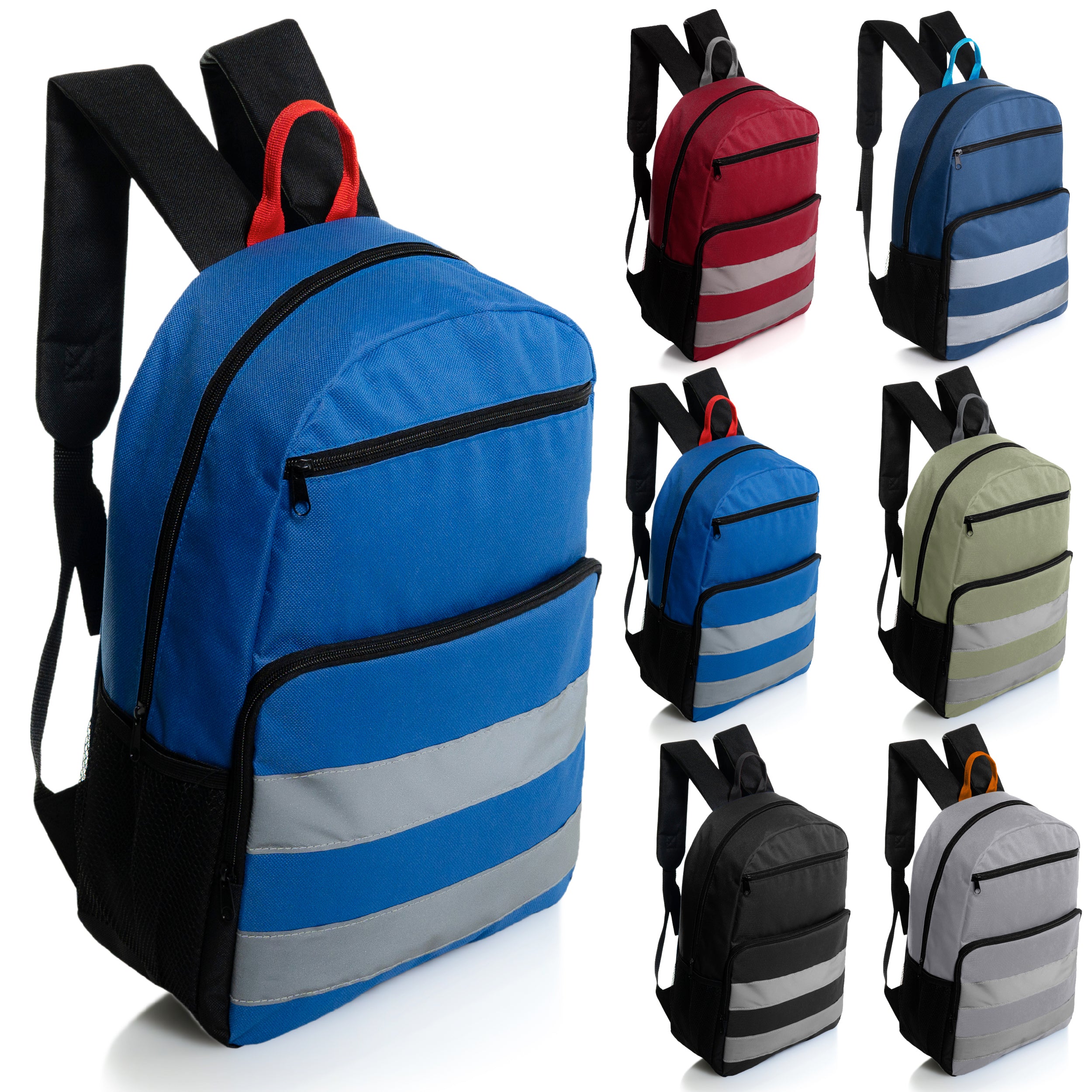 Wholesale reflective stripe backpacks for students with 2 side pockets and 3 compartments