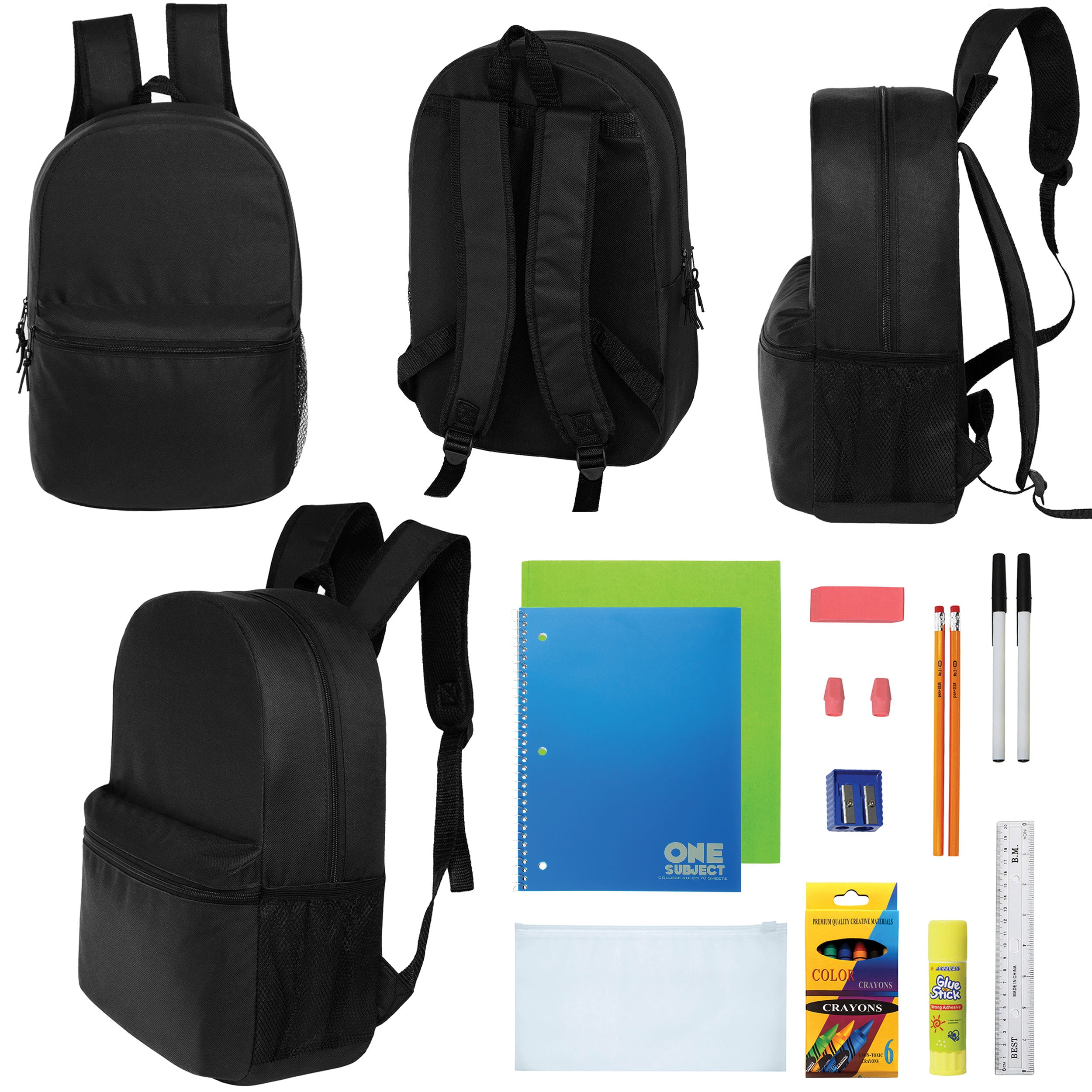 12 Wholesale Blank 18.5" Backpacks in Black & 12 Bulk School Supply Kits of Your Choice