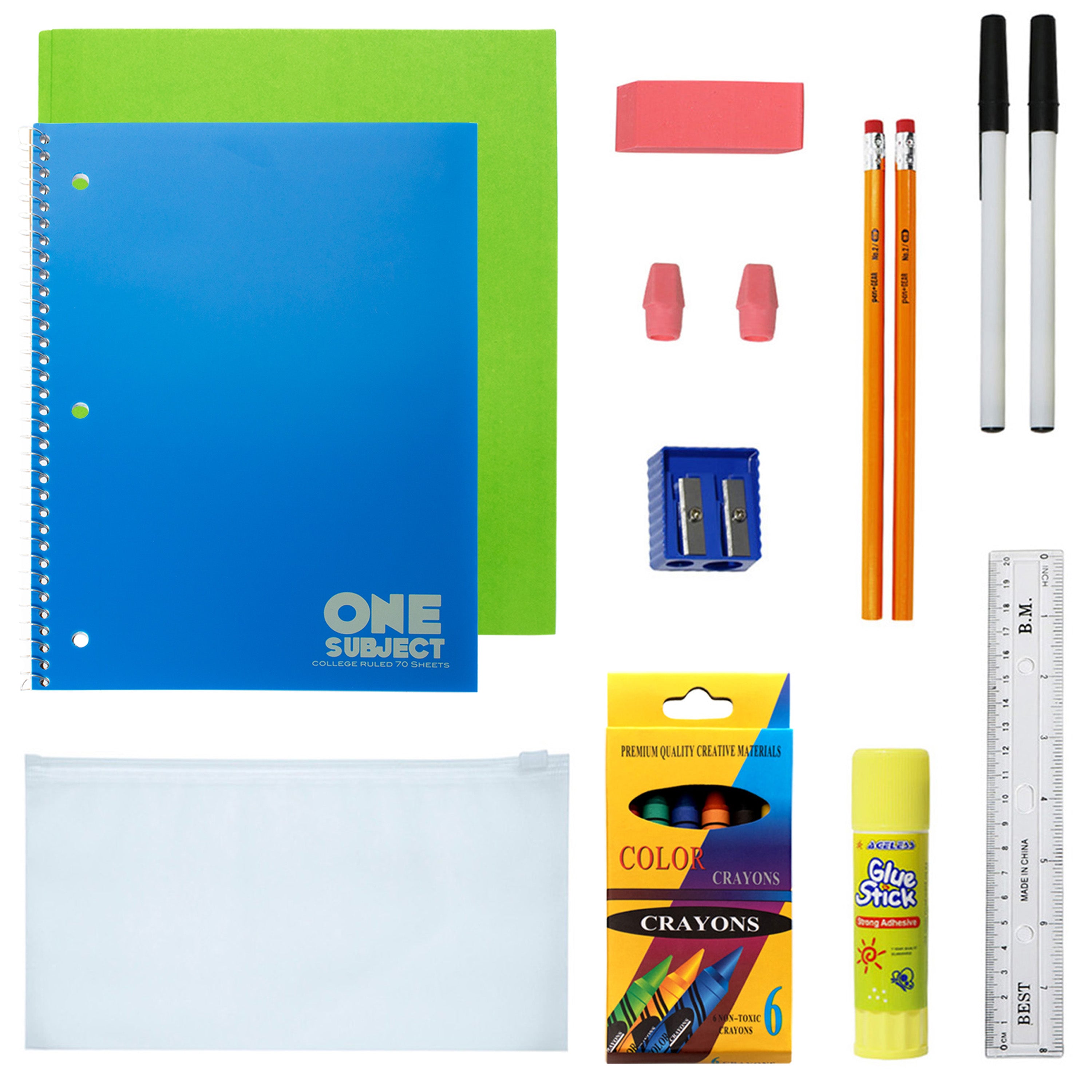 12 Premium 17" Wholesale Clear Backpacks in 8 Colors & 12 Bulk School Supply Kits of Your Choice