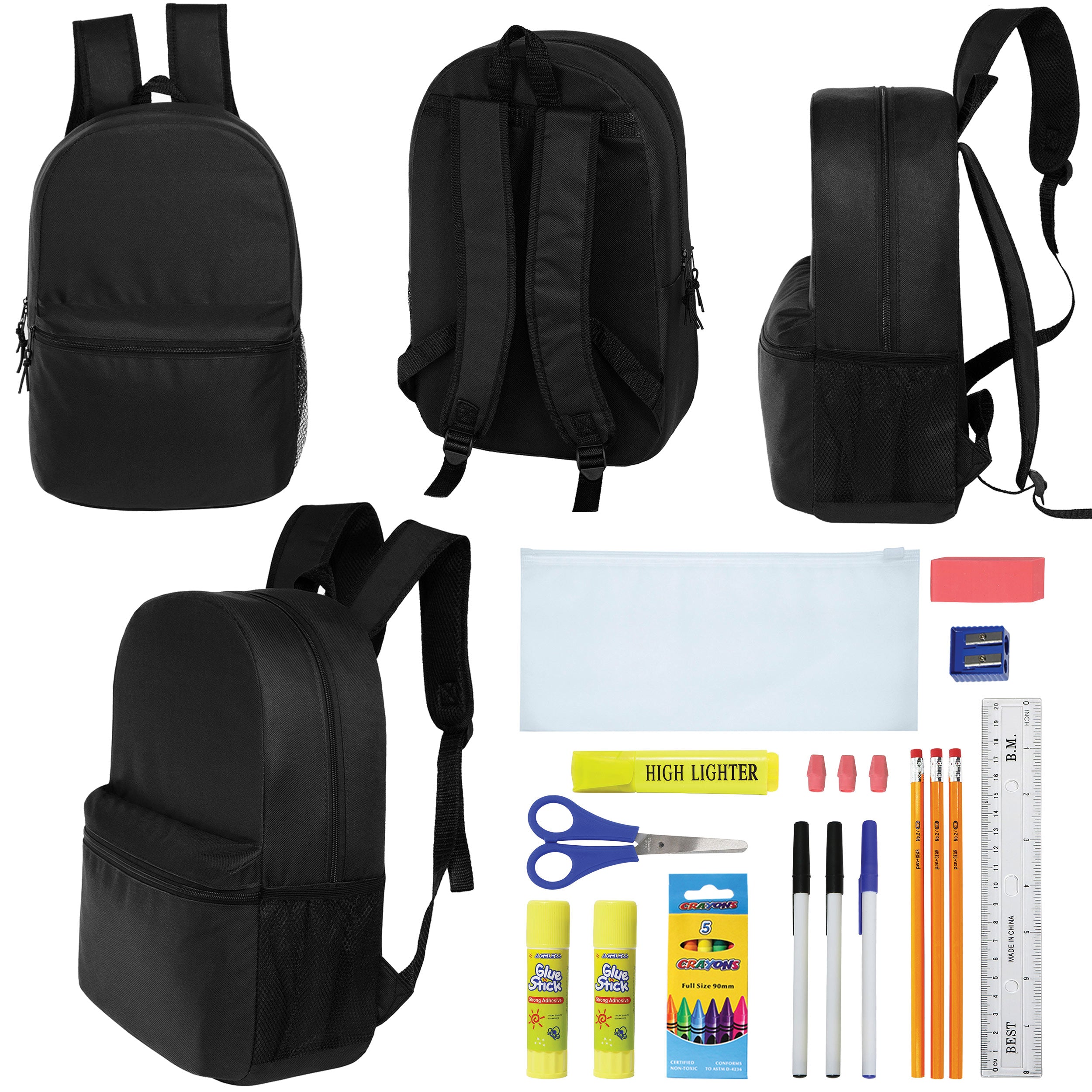 12 Wholesale Blank 18.5" Backpacks in Black & 12 Bulk School Supply Kits of Your Choice