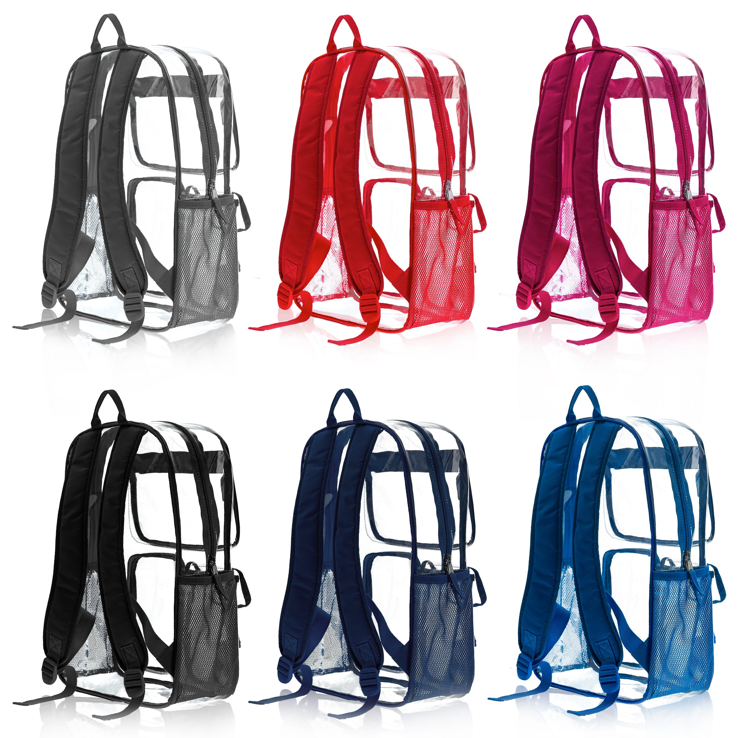 17" Premium Wholesale Clear Backpacks Assorted Colors - Bulk Case of 24 Transparent Bookbags
