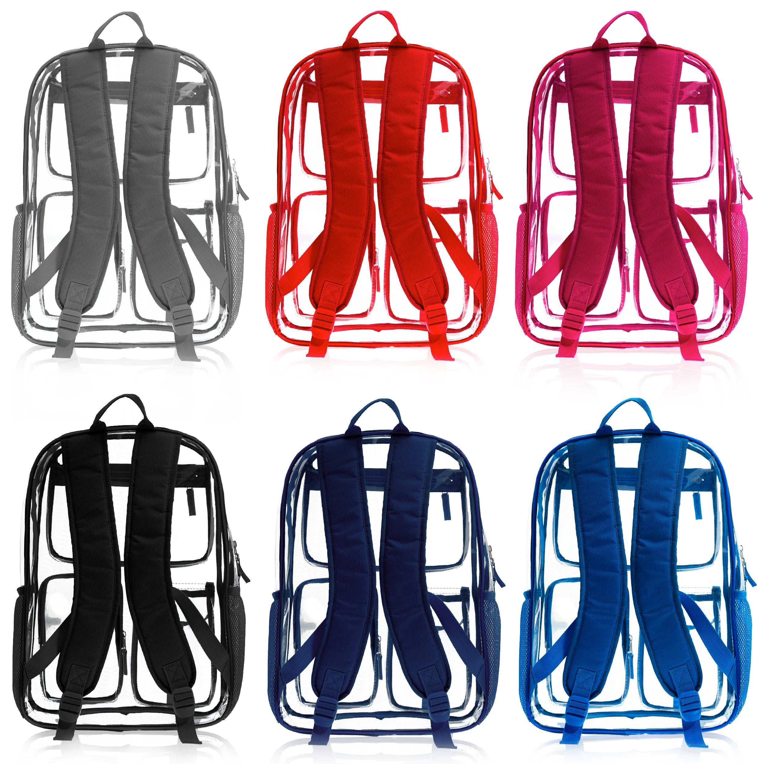 17" Premium Wholesale Clear Backpacks Assorted Colors - Bulk Case of 24 Transparent Bookbags