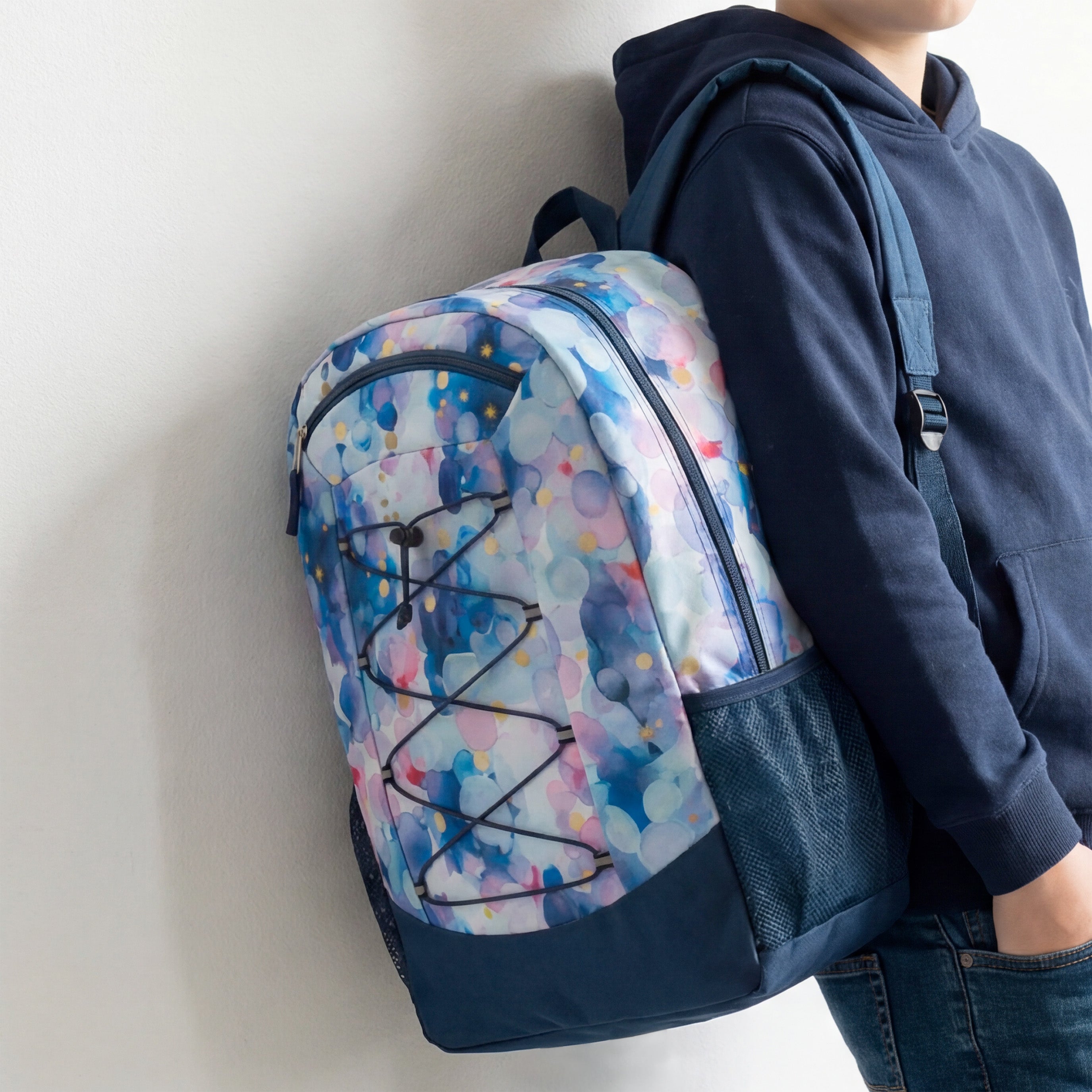 19" Deluxe Wholesale Bungee Backpacks | 6 Prints & Colors | 2 Mesh Side Pockets - Bulk Case of 24