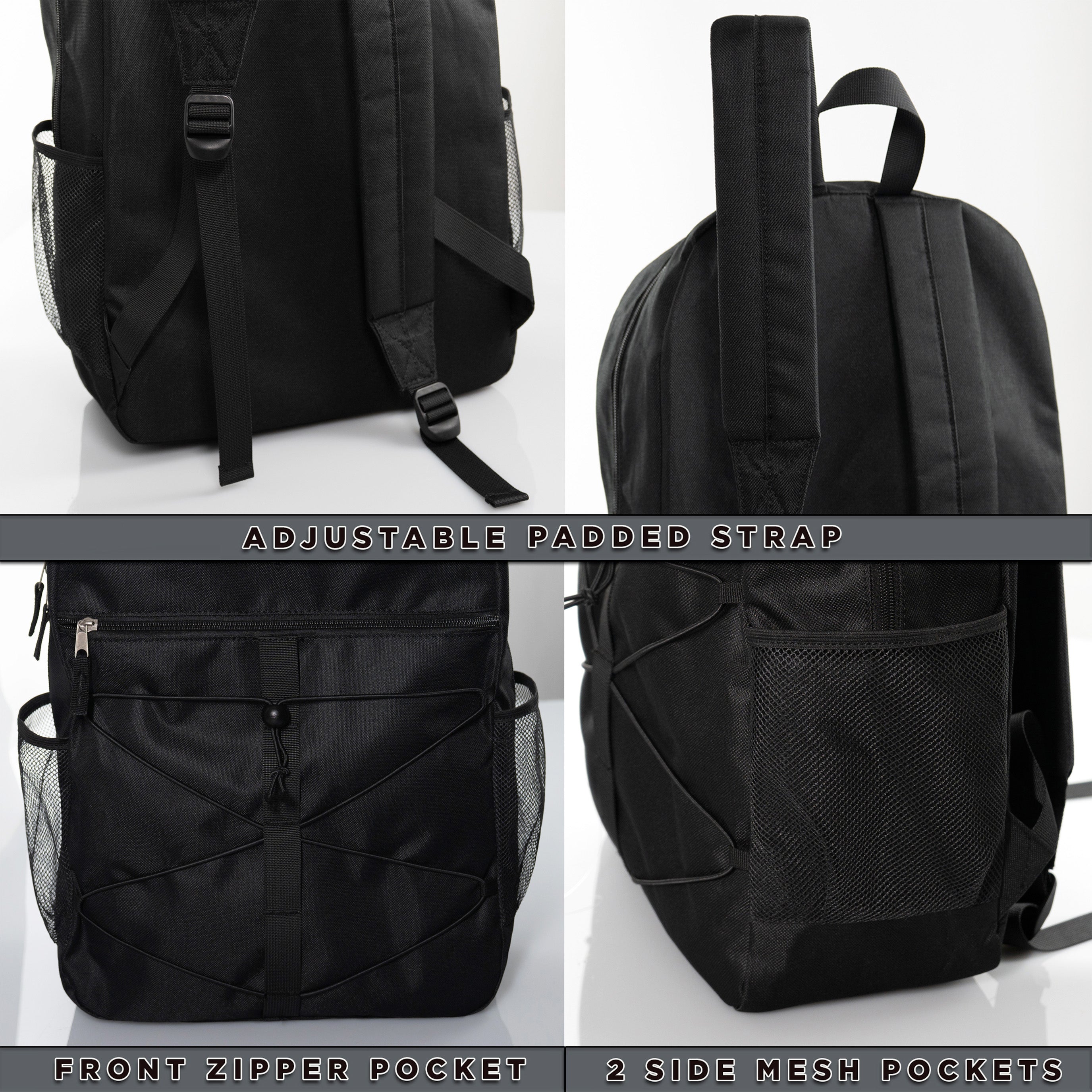 18" Wholesale Bungee Backpacks in Black with 2 Side Pockets - Bulk Case of 24 Bookbags