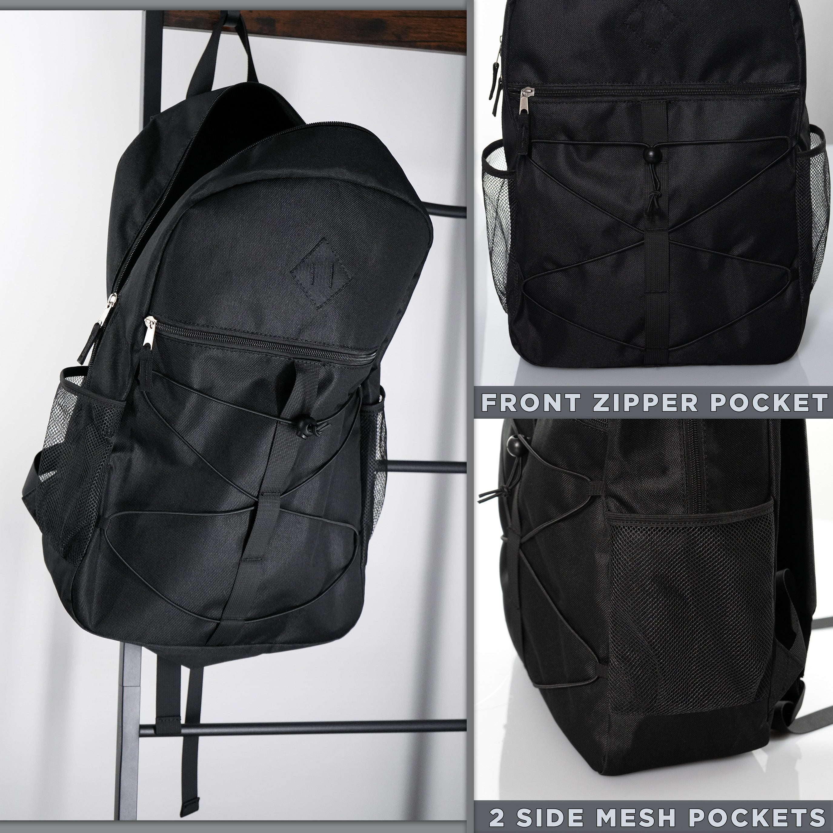 18" Wholesale Bungee Backpacks in Black with 2 Side Pockets - Bulk Case of 24 Bookbags
