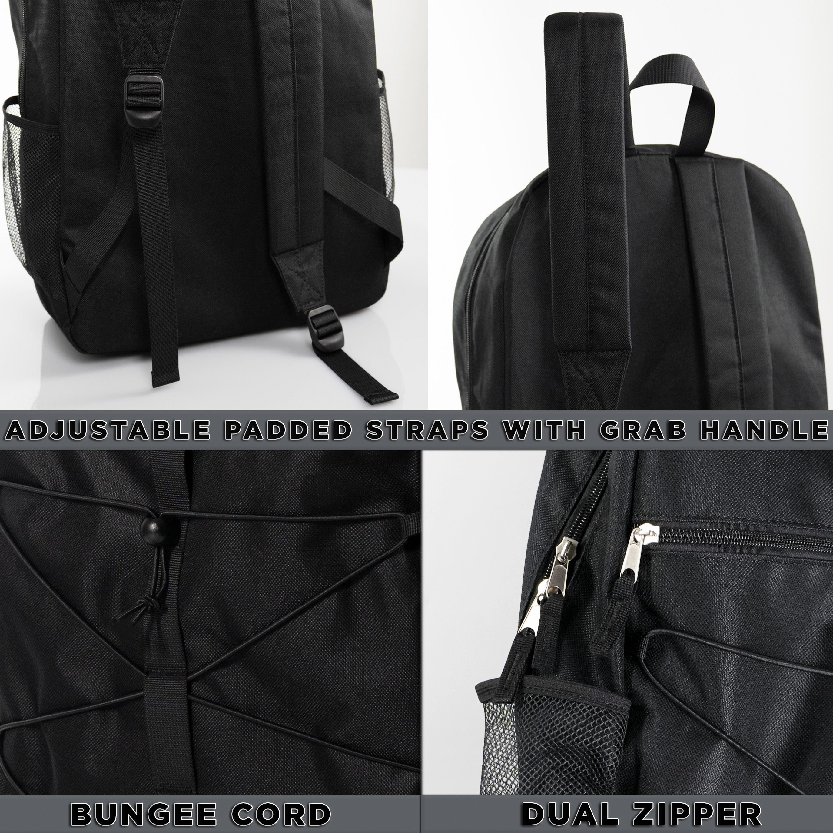 18" Wholesale Bungee Backpacks in Black with 2 Side Pockets - Bulk Case of 24 Bookbags