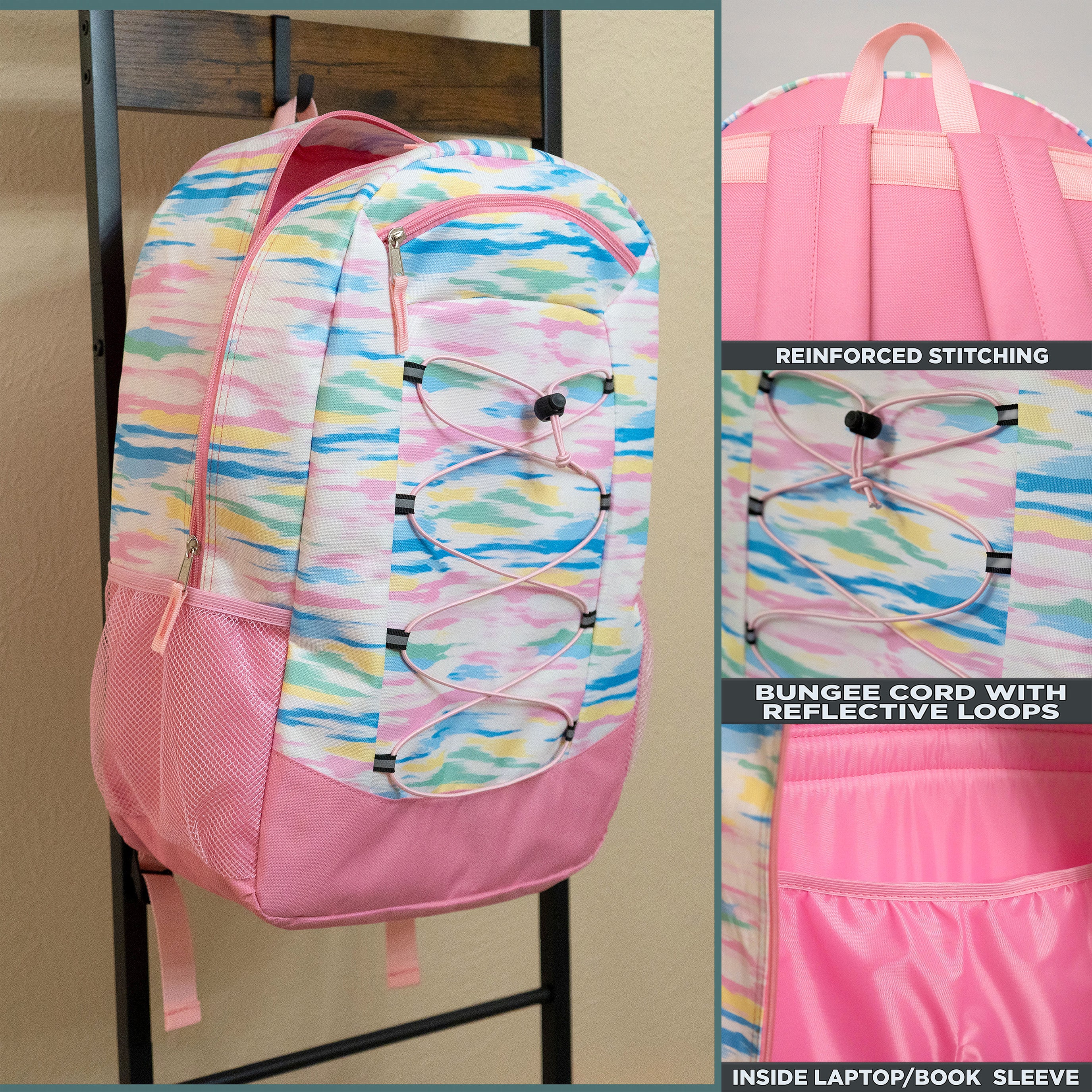 19" Deluxe Wholesale Bungee Backpacks | 6 Prints & Colors | 2 Mesh Side Pockets - Bulk Case of 24