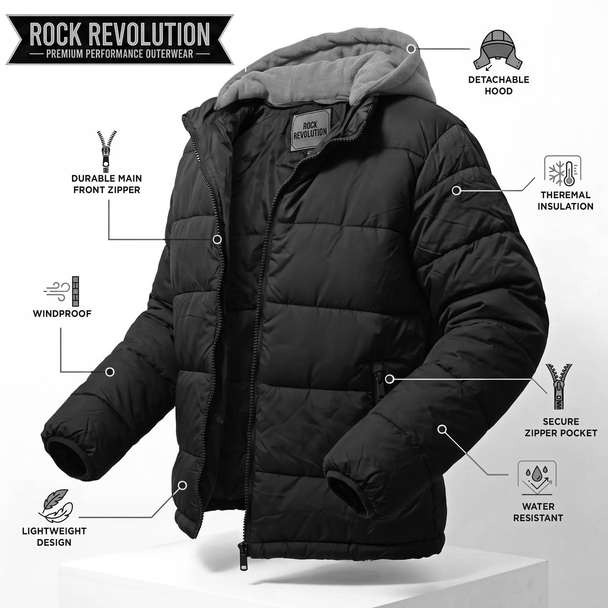 Men's Warm Winter Wholesale Coats in Black & Assorted Sizes - Bulk Case of 12 Winter Jackets