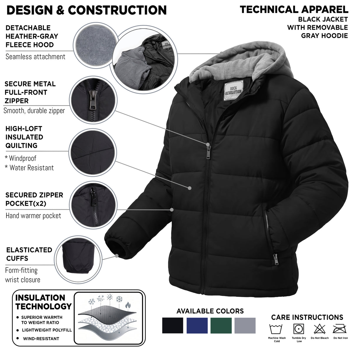 Men's Warm Winter Wholesale Coats in Black & Sizes - Bulk Case of 12 Winter Jackets
