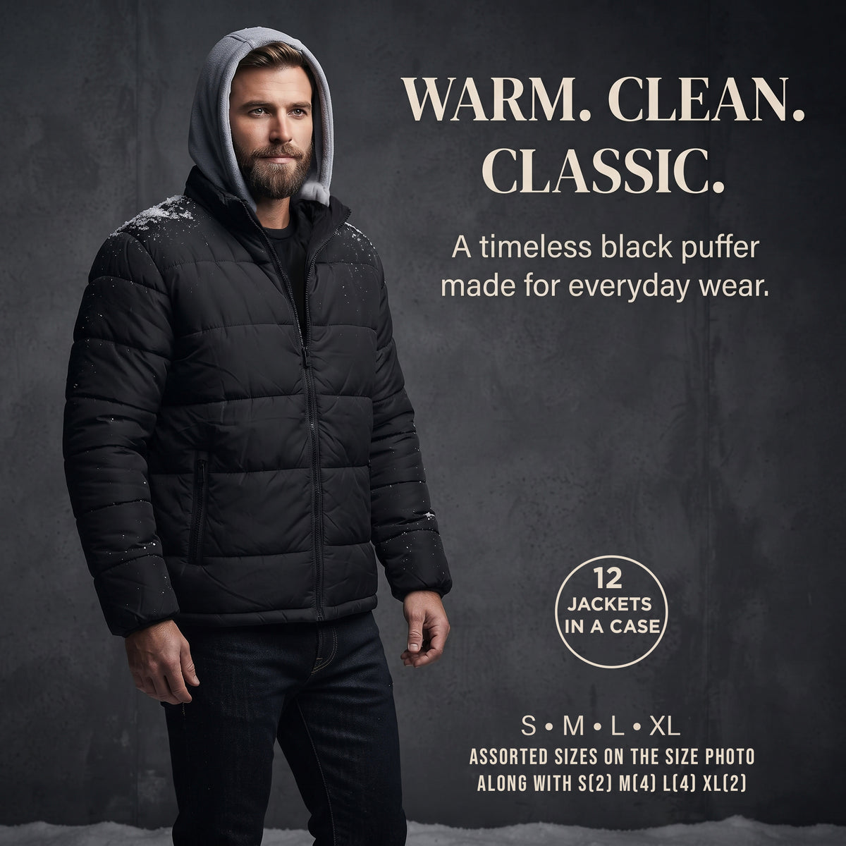 Men's Warm Winter Wholesale Coats in Black & Sizes - Bulk Case of 12 Winter Jackets