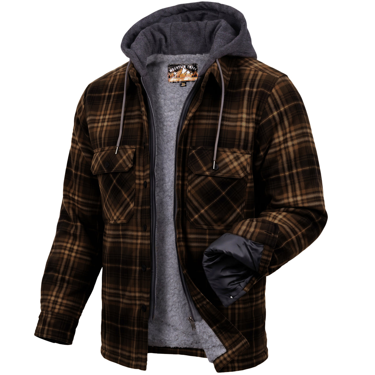 Men's Plaid Hooded Winter Coats in Brown & Assorted Sizes - Bulk Case of 12 Winter Jackets